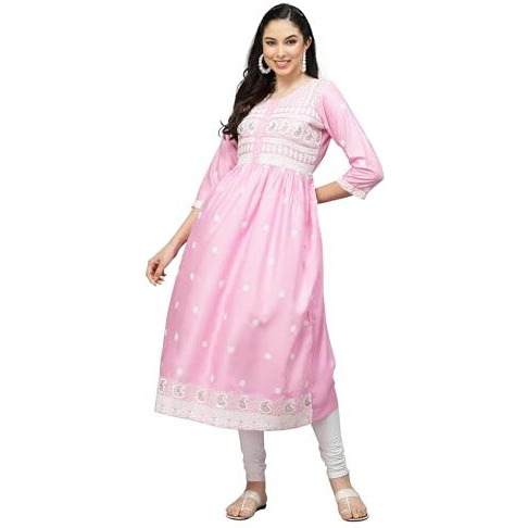 Stylum Women's Embroidered Rayon Flared Kurta (Paripink38_ Pink, M)