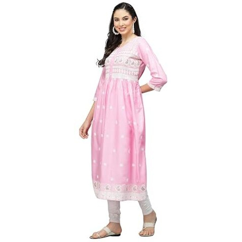 Stylum Women's Embroidered Rayon Flared Kurta (Paripink38_ Pink, M)