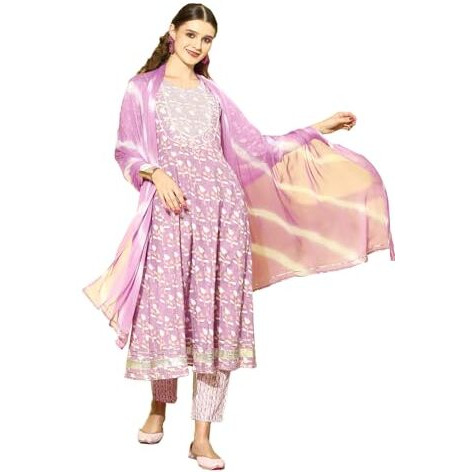 Stylum Women's Printed Cotton Anarkali Kurta Pant Dupatta Set (Kpdsrija40_Lavender, L)