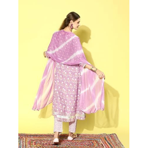 Stylum Women's Printed Cotton Anarkali Kurta Pant Dupatta Set (Kpdsrija40_Lavender, L)
