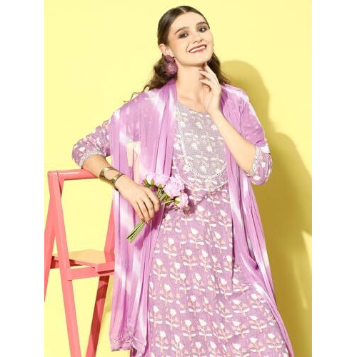 Stylum Women's Printed Cotton Anarkali Kurta Pant Dupatta Set (Kpdsrija40_Lavender, L)