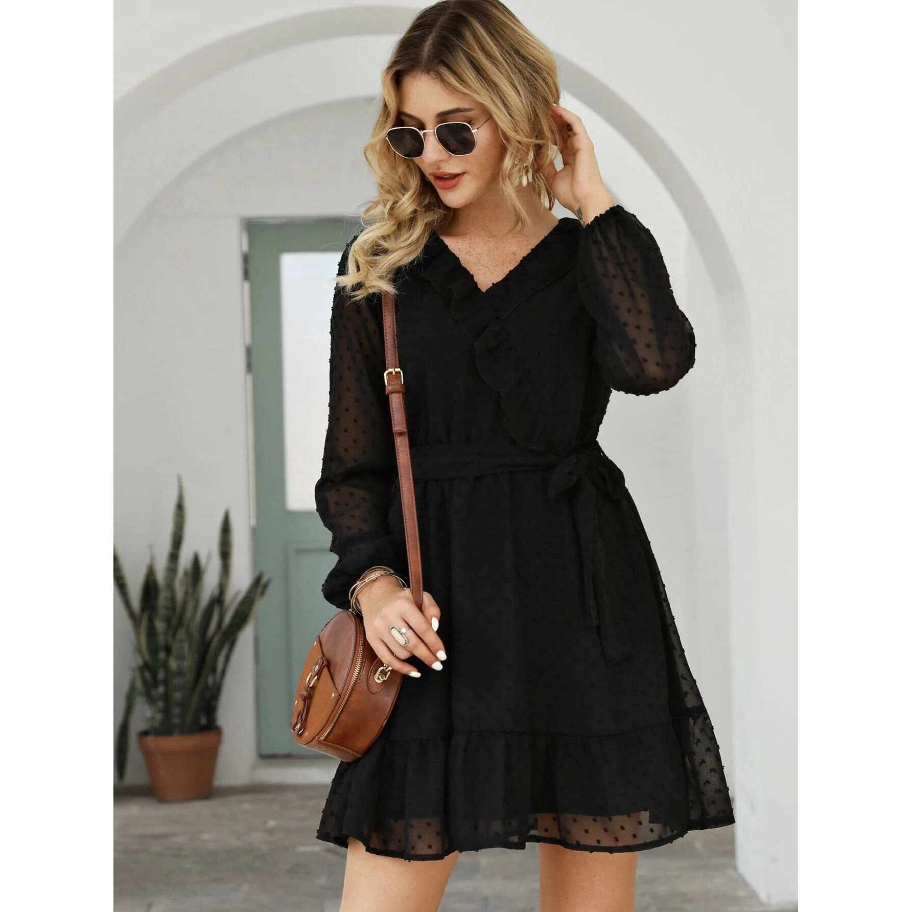 Tagas Women's Georgette Fit And Flare Knee-Length Dress (Op-3220-Black-S_Black_S)
