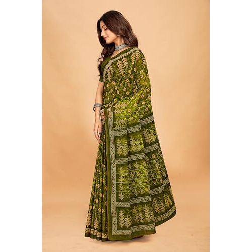 Tamaira Fashion Women's Jaipuri Hand Block Printed Pure Cotton Mulmul Saree Without Blouse Piece(11615_Mehendi)