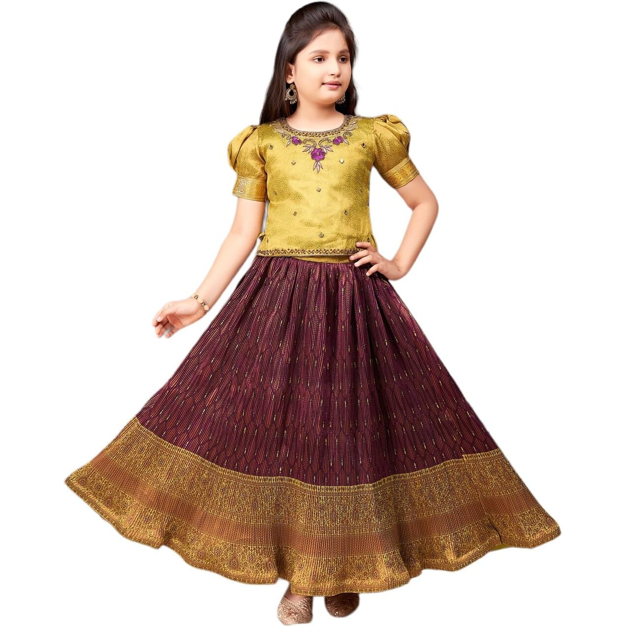 Aarika Girls Ethnic Wear Green Colour Hand Embroidery Lace Work Brocade Lehenga Choli Set (5-11 Years)