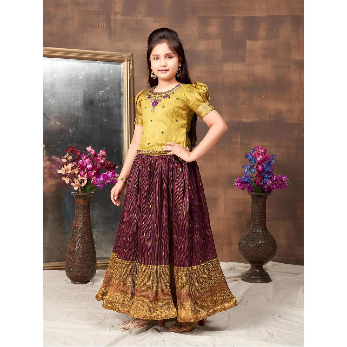 Aarika Girls Ethnic Wear Green Colour Hand Embroidery Lace Work Brocade Lehenga Choli Set (5-11 Years)
