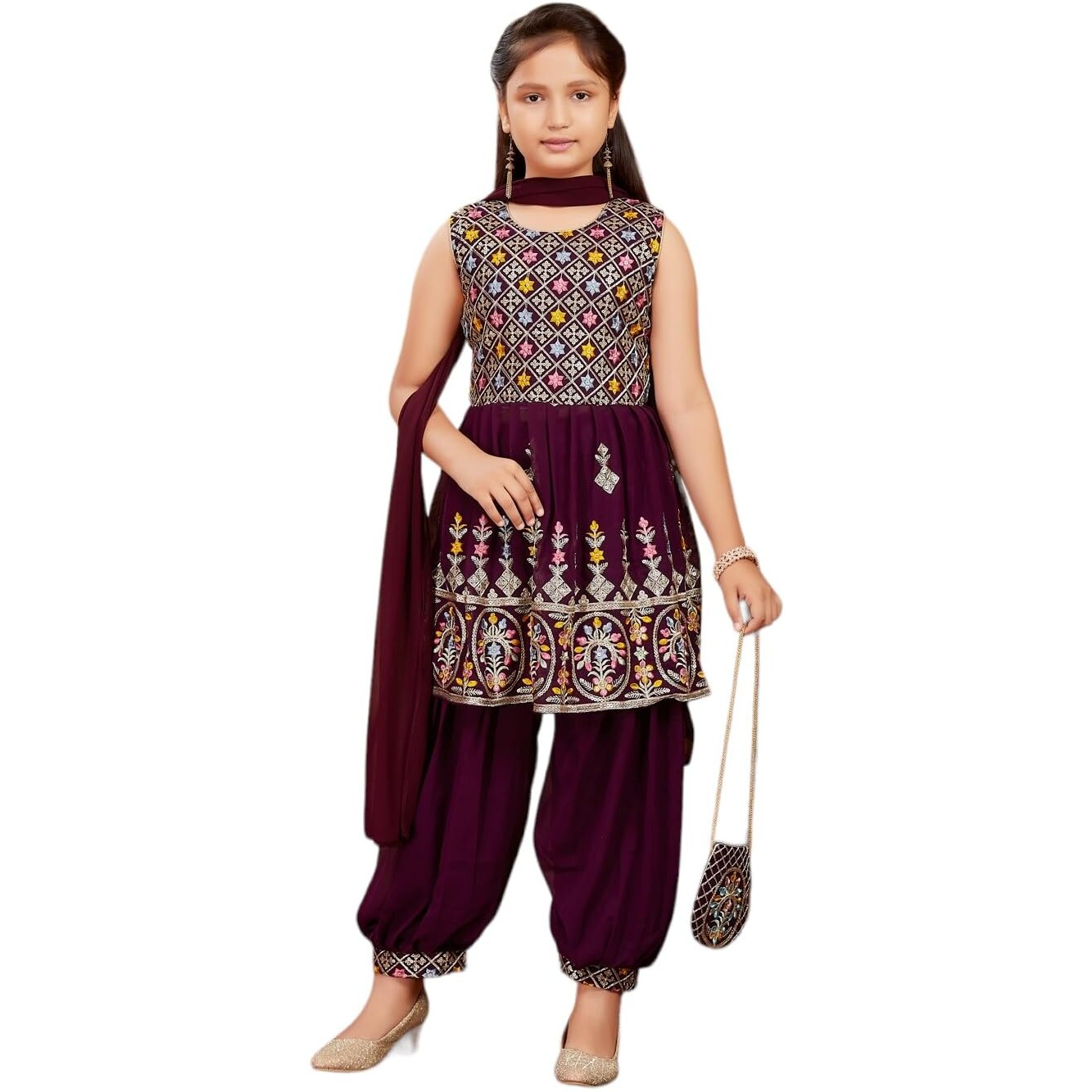 Aarika Girls Ethnic Wear Purple Colour Thread Sequin Embroidery Georgette Kurti Patiala Set With Sling Bag (4-10 Years)