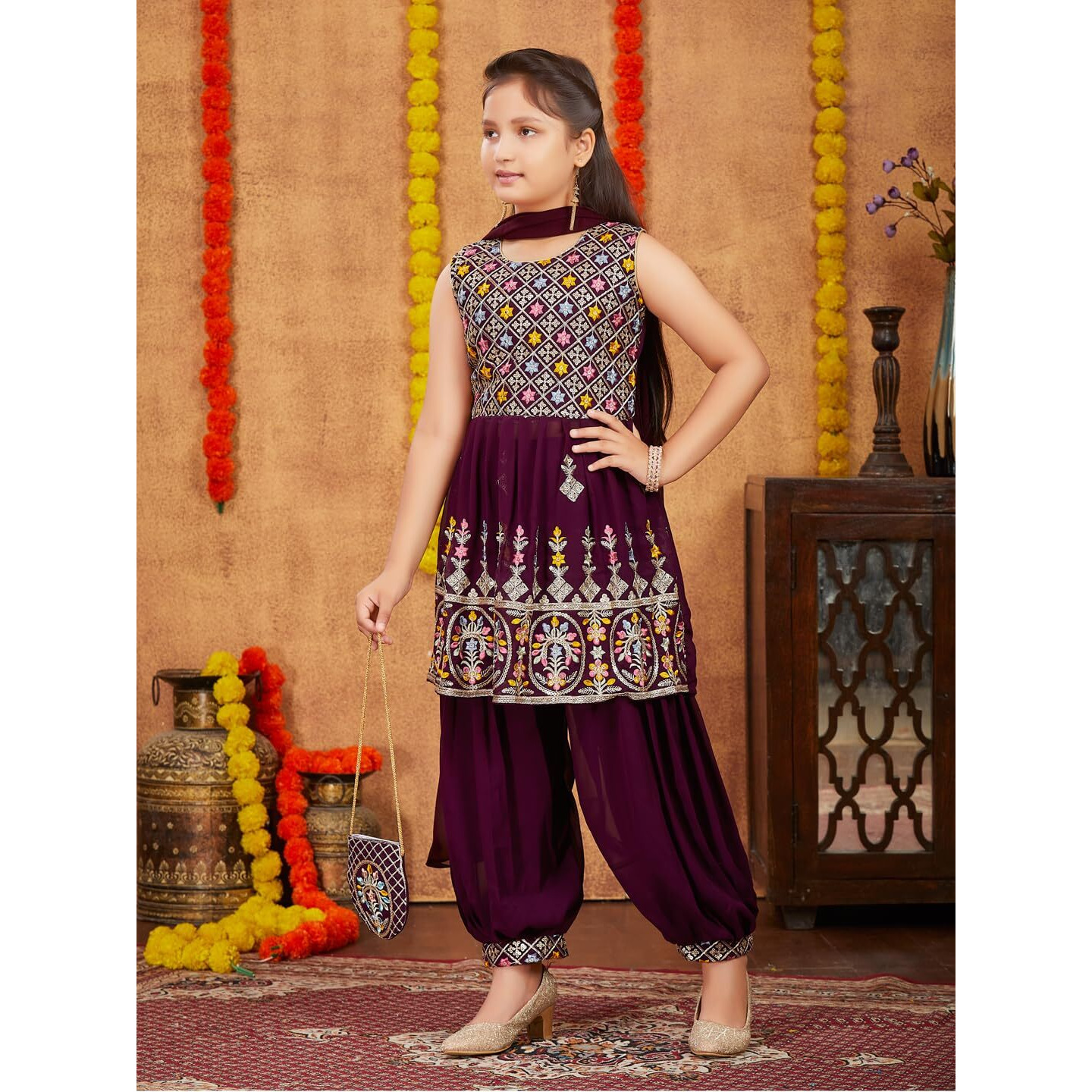 Aarika Girls Ethnic Wear Purple Colour Thread Sequin Embroidery Georgette Kurti Patiala Set With Sling Bag (4-10 Years)