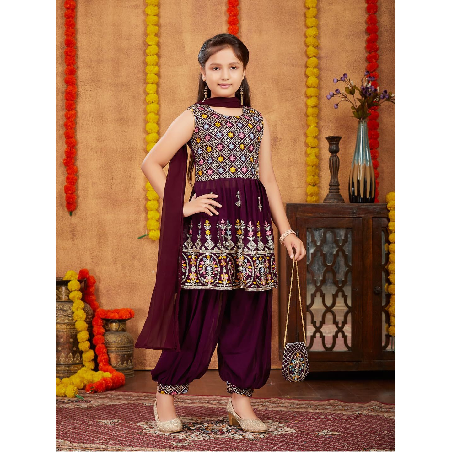 Aarika Girls Ethnic Wear Purple Colour Thread Sequin Embroidery Georgette Kurti Patiala Set With Sling Bag (4-10 Years)