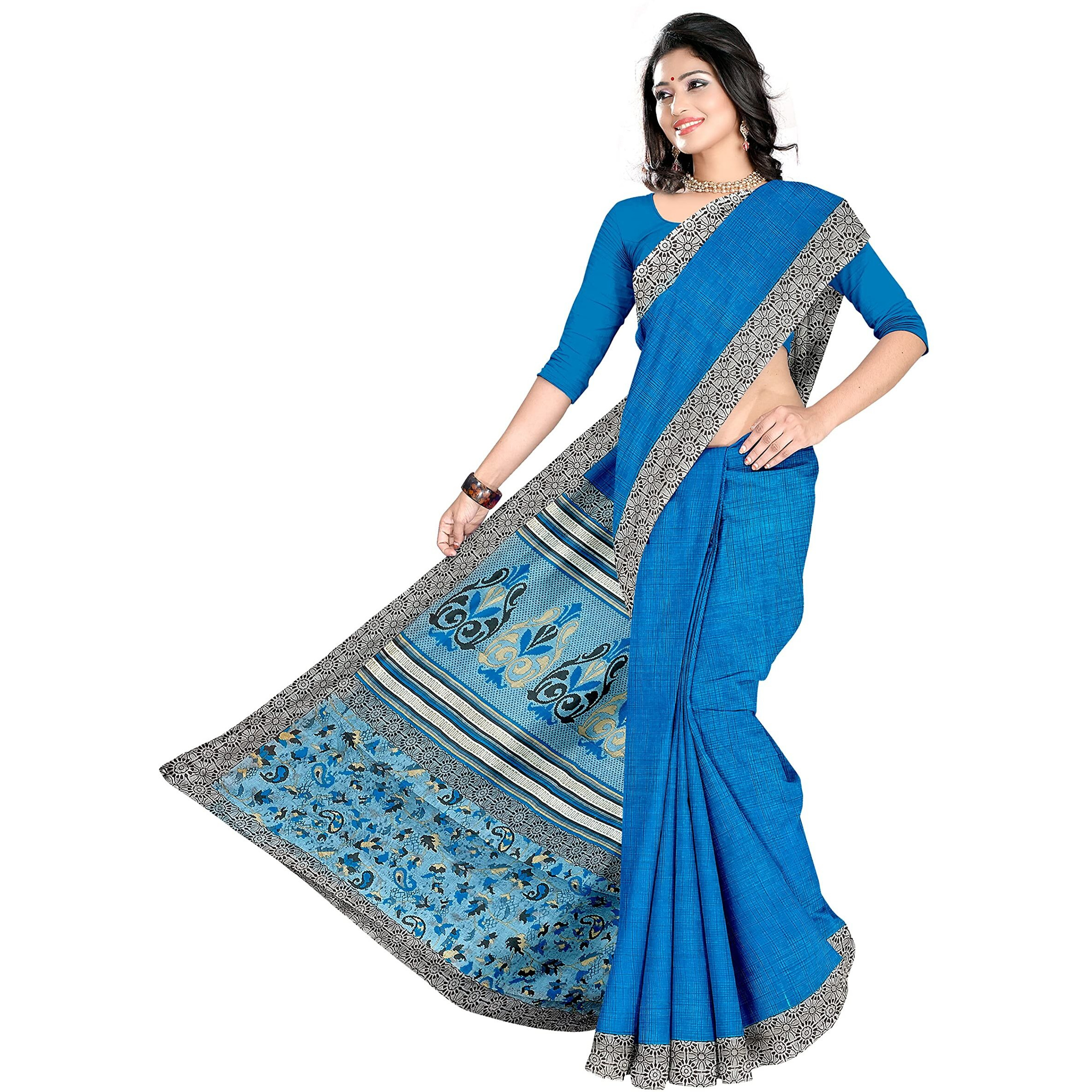 Tamaira Fashion Women's Plain Weave Pure Cotton Saree Without Blouse Piece(Ab31_Turquoise And Grey)