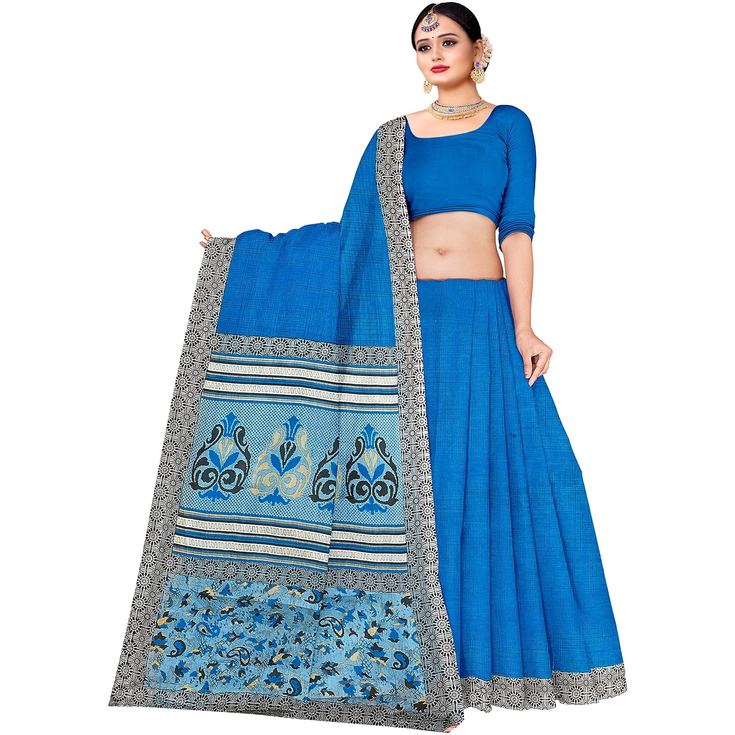Tamaira Fashion Women's Plain Weave Pure Cotton Saree Without Blouse Piece(Ab31_Turquoise And Grey)