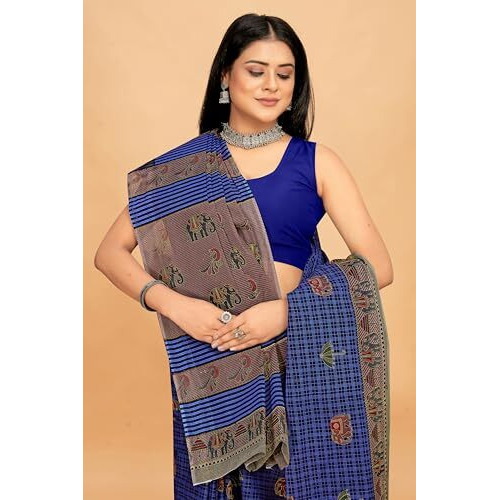 Tamaira Fashion Women's Checkered Printed Pure Cotton Mulmul Saree Without Blouse Piece(11328_Indigo)
