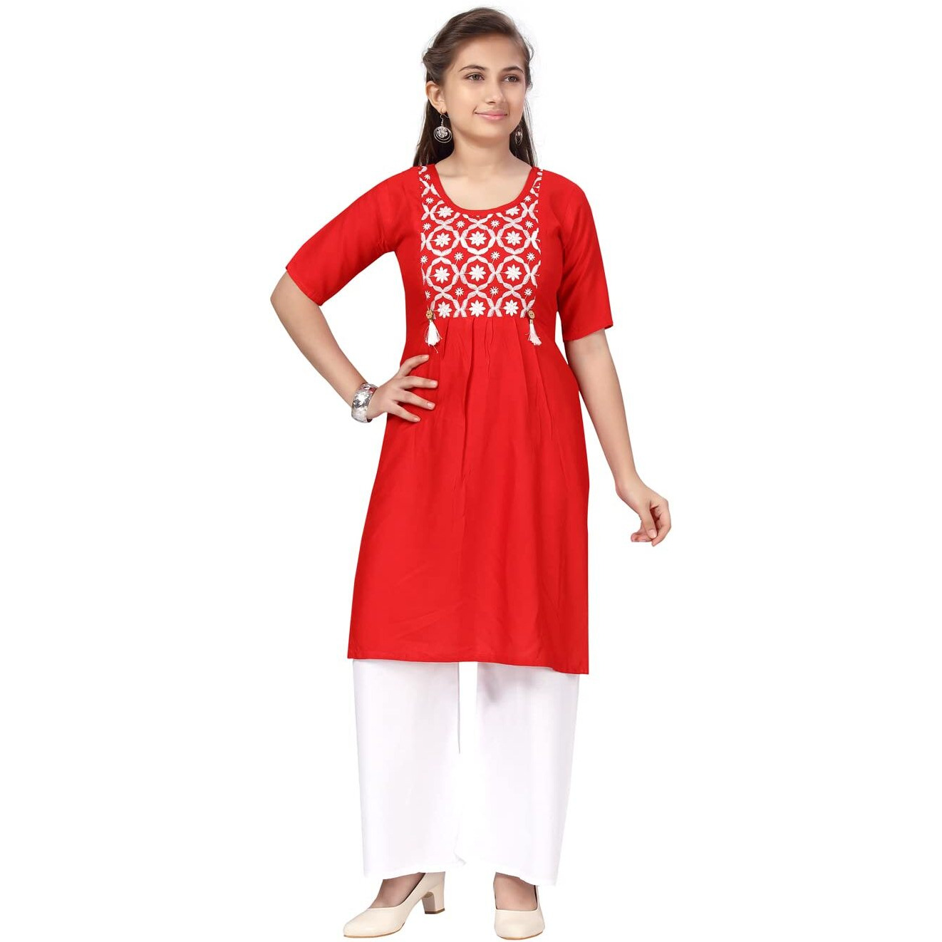 Aarika Girl's Cotton Kurti Palazzo Set (Pl-H-6_Red-White_34)
