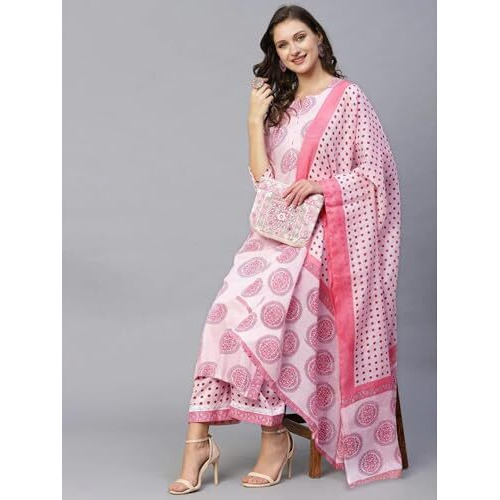 Tee Projekt Women's Cotton Blend Sweetheart Neck Straight Kurta Pant With Dupatta Set Ll Straight Kurta Set Ll Printed Kurta Set Pink