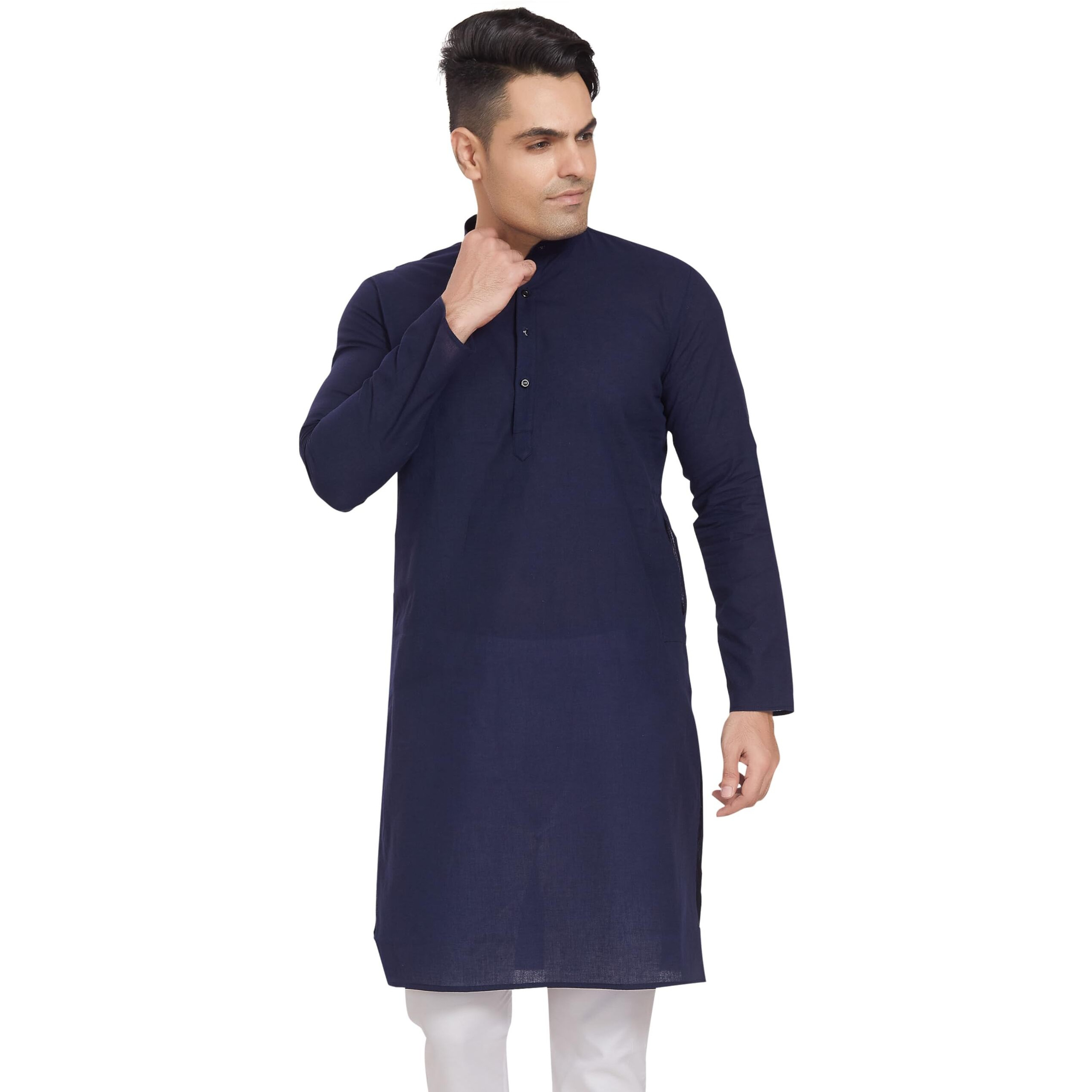 Divisive Men's Pure Cotton Only Regular Fit Long Kurta (Dkrt313_L_Navy Blue)