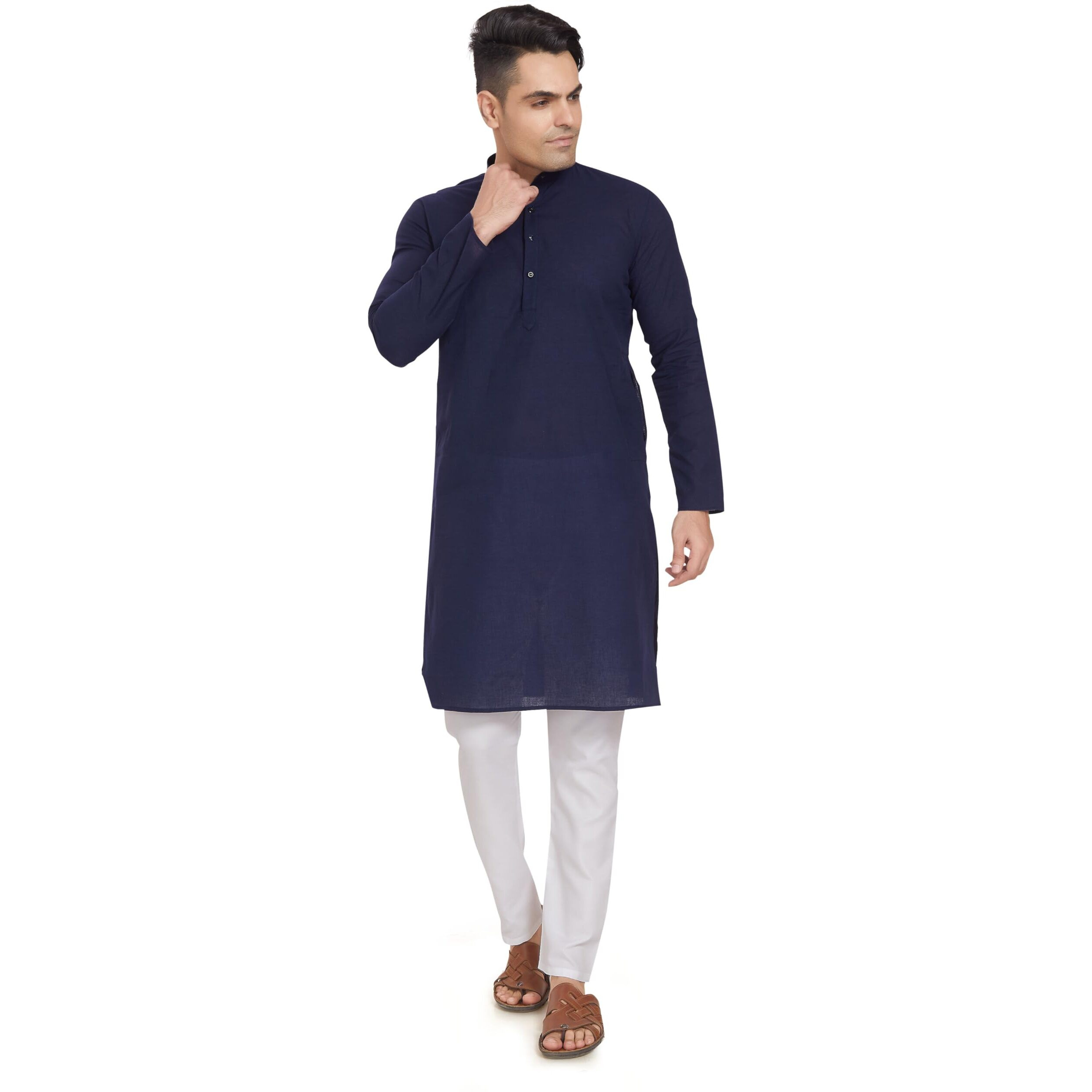 Divisive Men's Pure Cotton Only Regular Fit Long Kurta (Dkrt313_L_Navy Blue)
