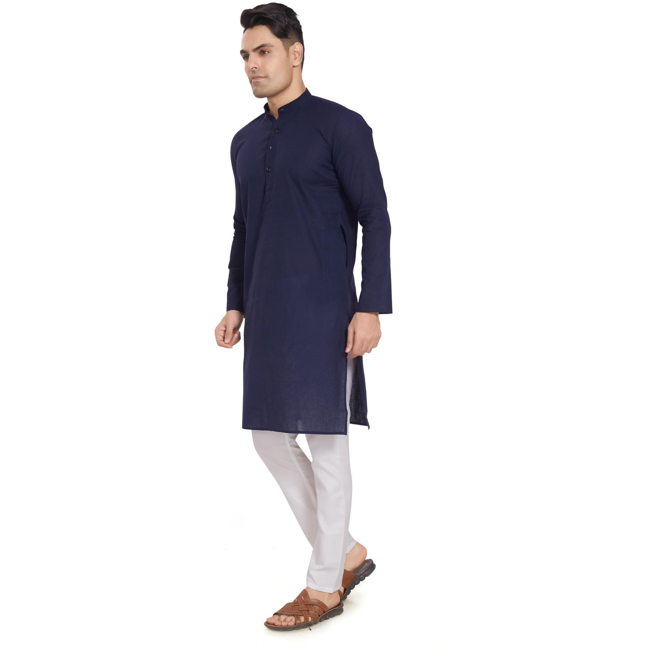 Divisive Men's Pure Cotton Only Regular Fit Long Kurta (Dkrt313_L_Navy Blue)