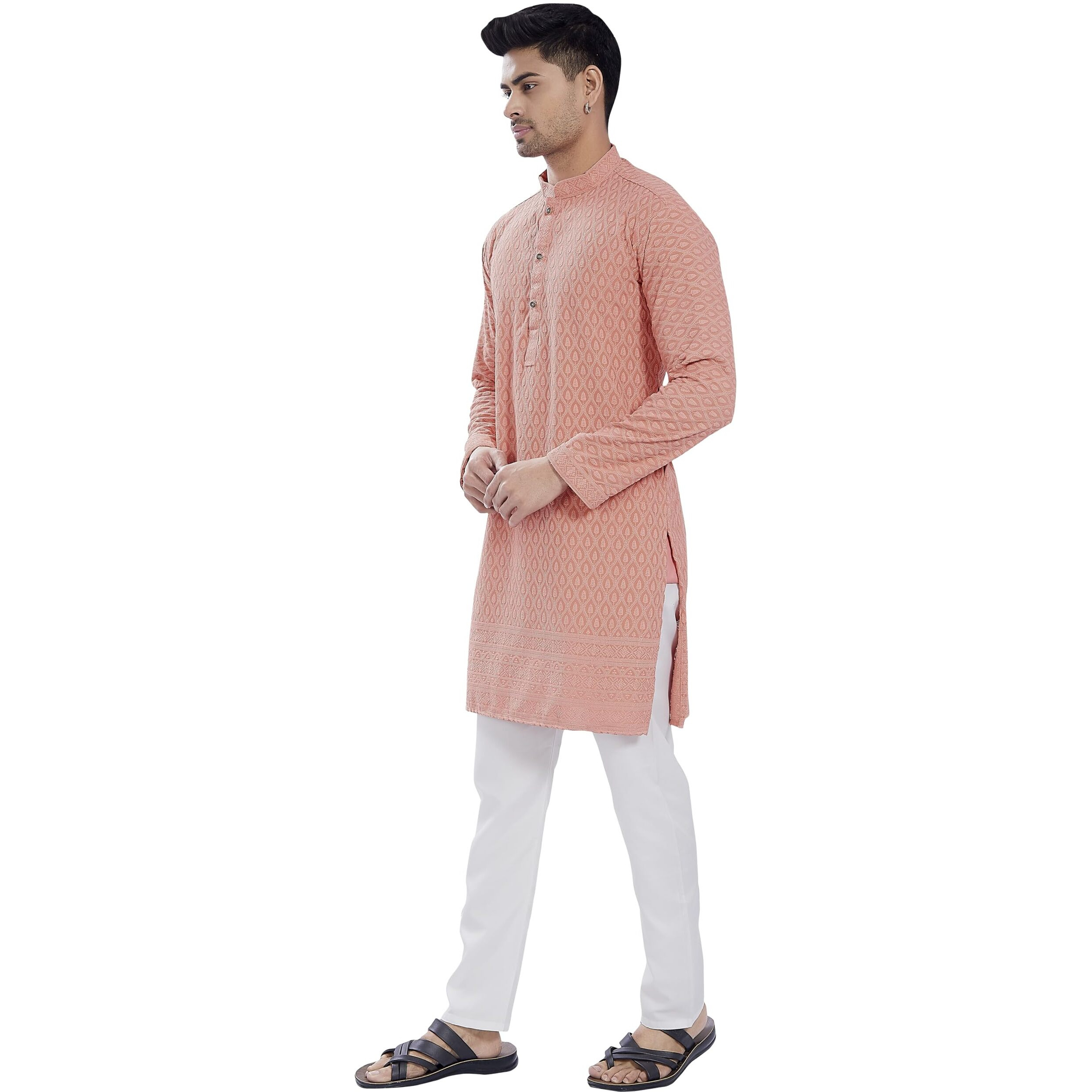 Divisive Men's Thread Embroidered Cotton Blend Only Slim Fit Kurta (Dkrt723_Xxxl_Peach)