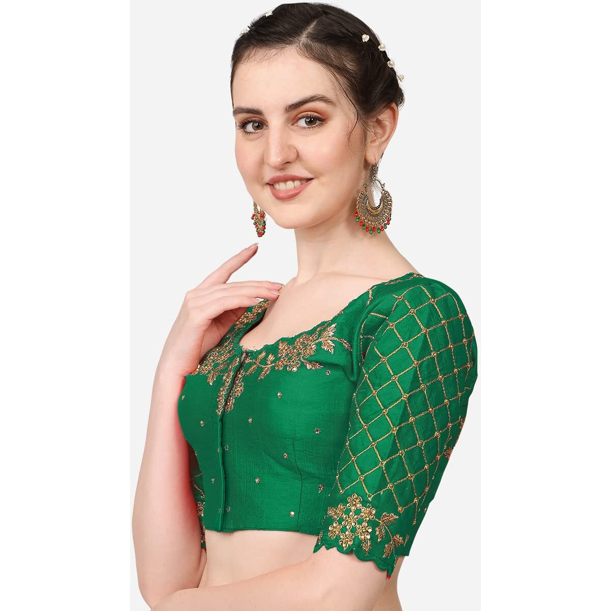 Vihu Fashion Women's Silk Floral Half Sleeve Regular Radhe Blouse 38 Green