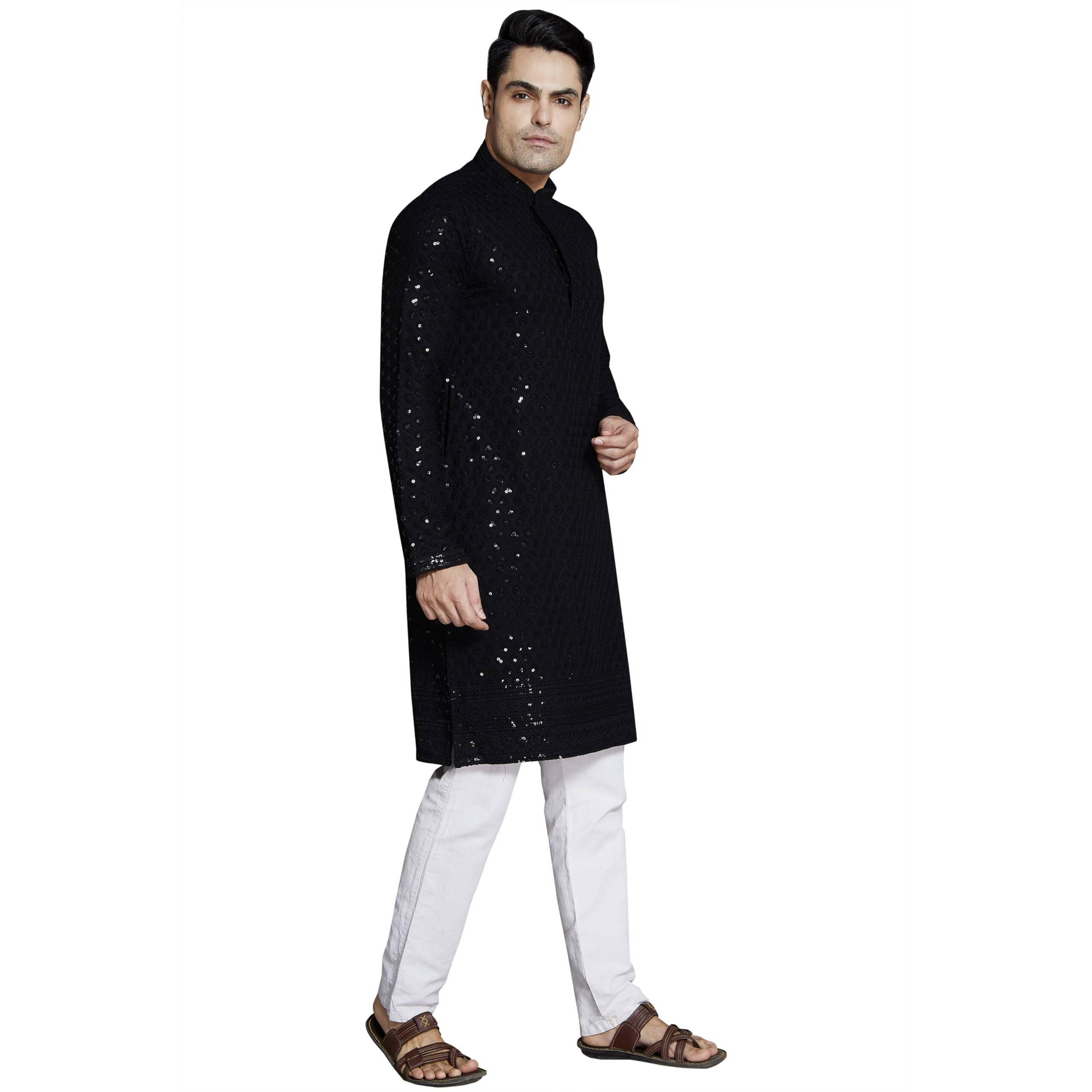 Divisive Men's Sequince Embroidered Cotton Blend Slim Fit Kurta Pyjama Set (Dkrt25_S_Black)