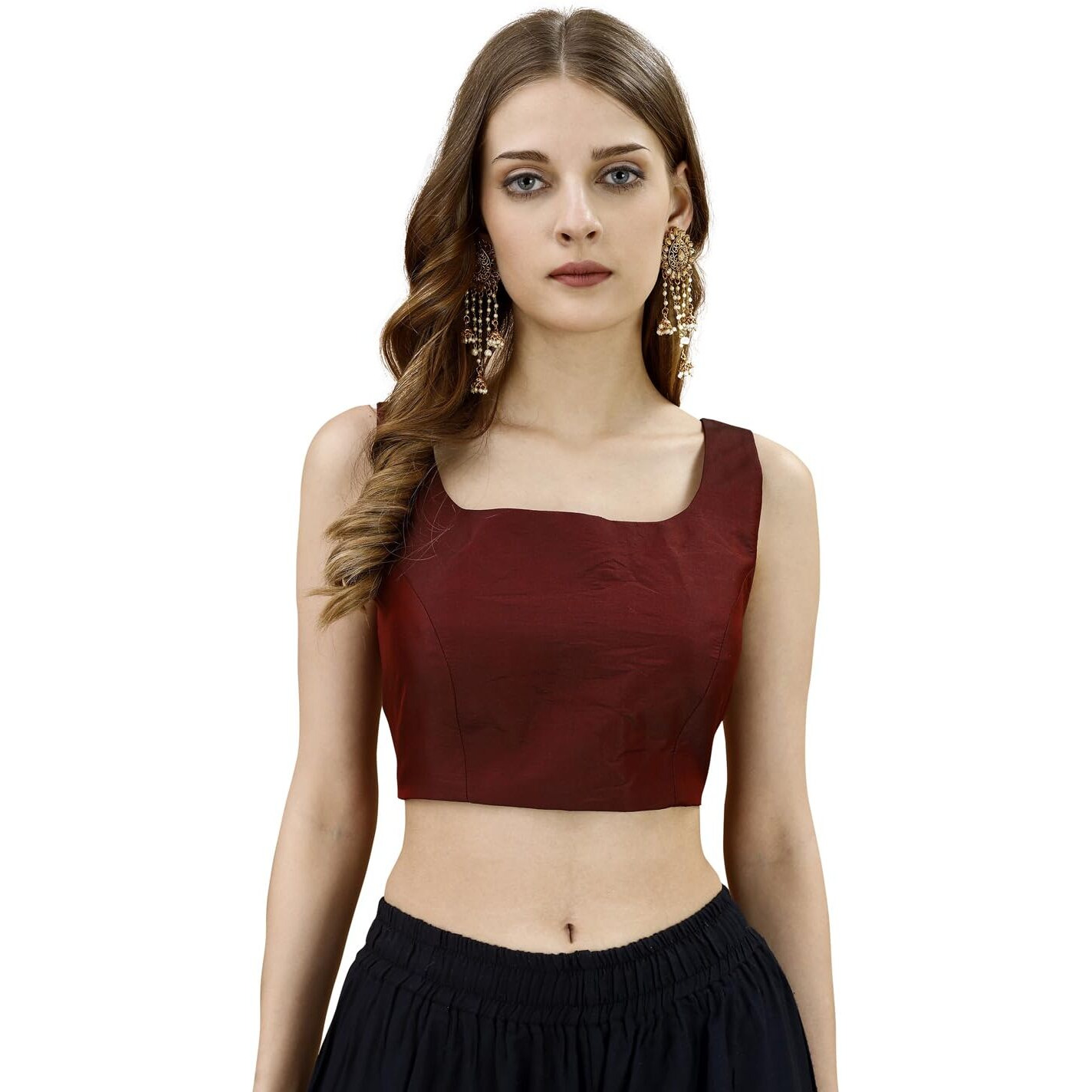 Womanista Women's Tafeta Solid Sleeveless Regular Fit Sequinned Blouse (Bls_52_Maroon L)