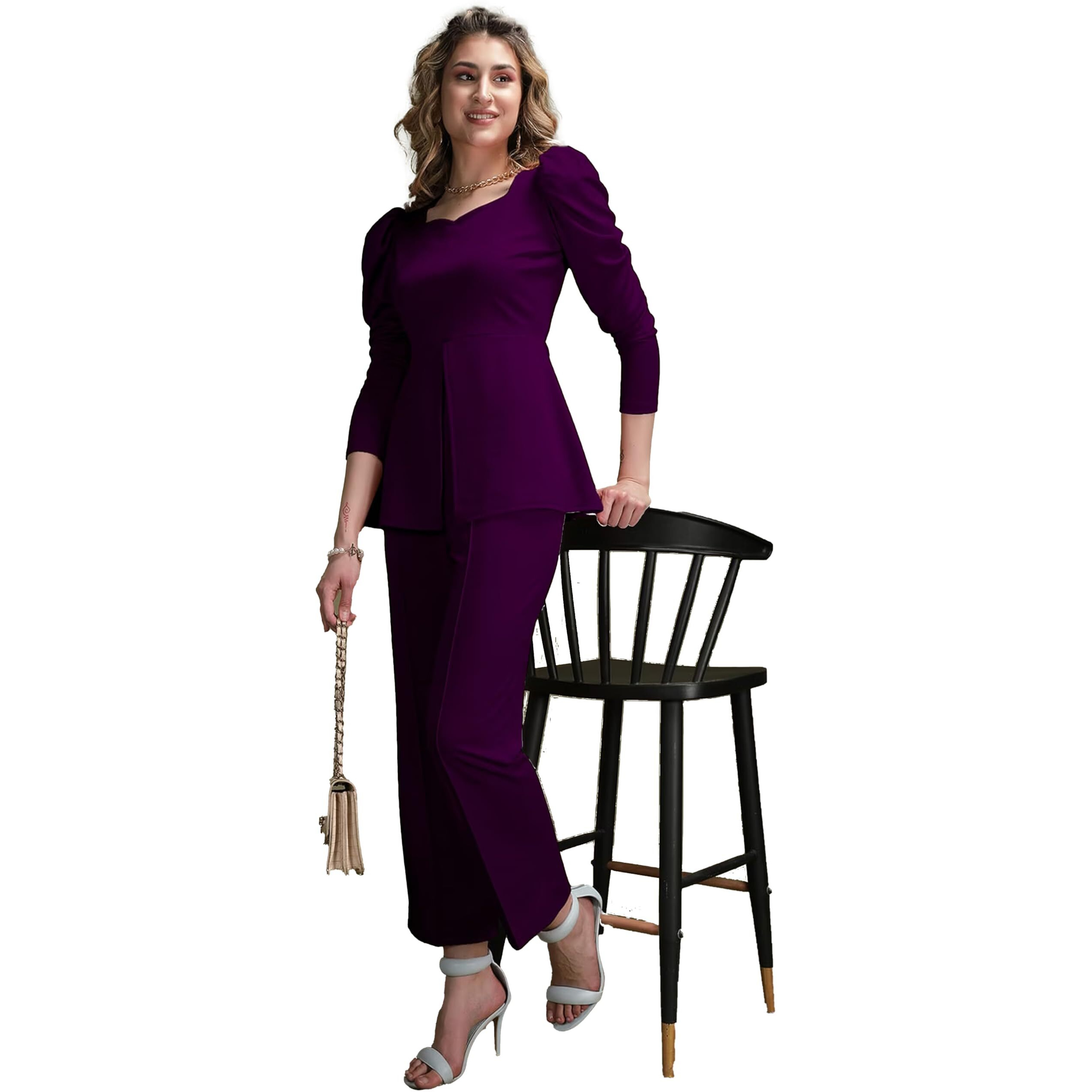 Elliti Solid Relaxed Fit Full Sleeve Co-Ord Set For Women's | Coord Sets | Top And Formal Trouser Co Ord Set For Women (Set Of 2 Piece) (Size Xxl) (Color Purple)
