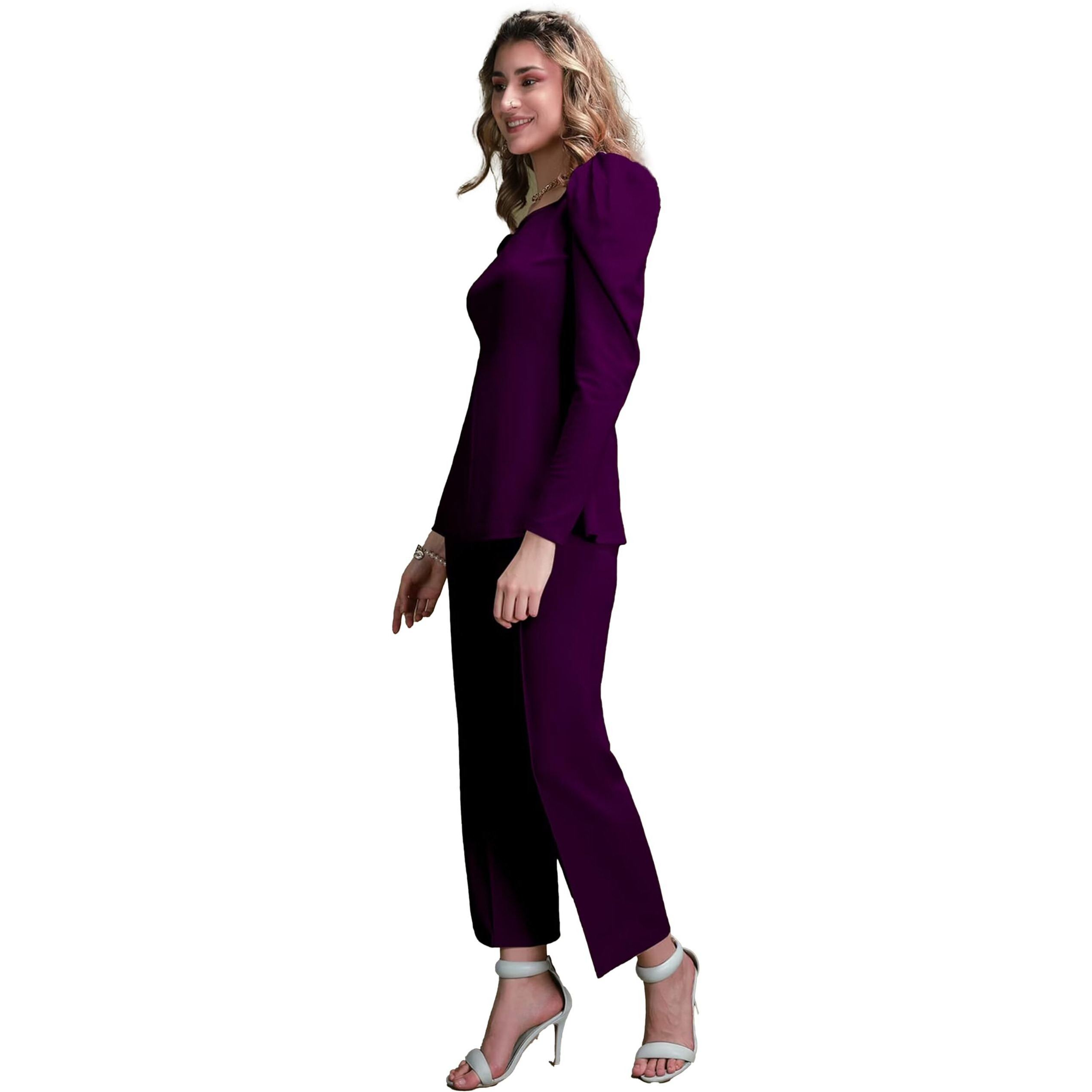 Elliti Solid Relaxed Fit Full Sleeve Co-Ord Set For Women's | Coord Sets | Top And Formal Trouser Co Ord Set For Women (Set Of 2 Piece) (Size Xxl) (Color Purple)