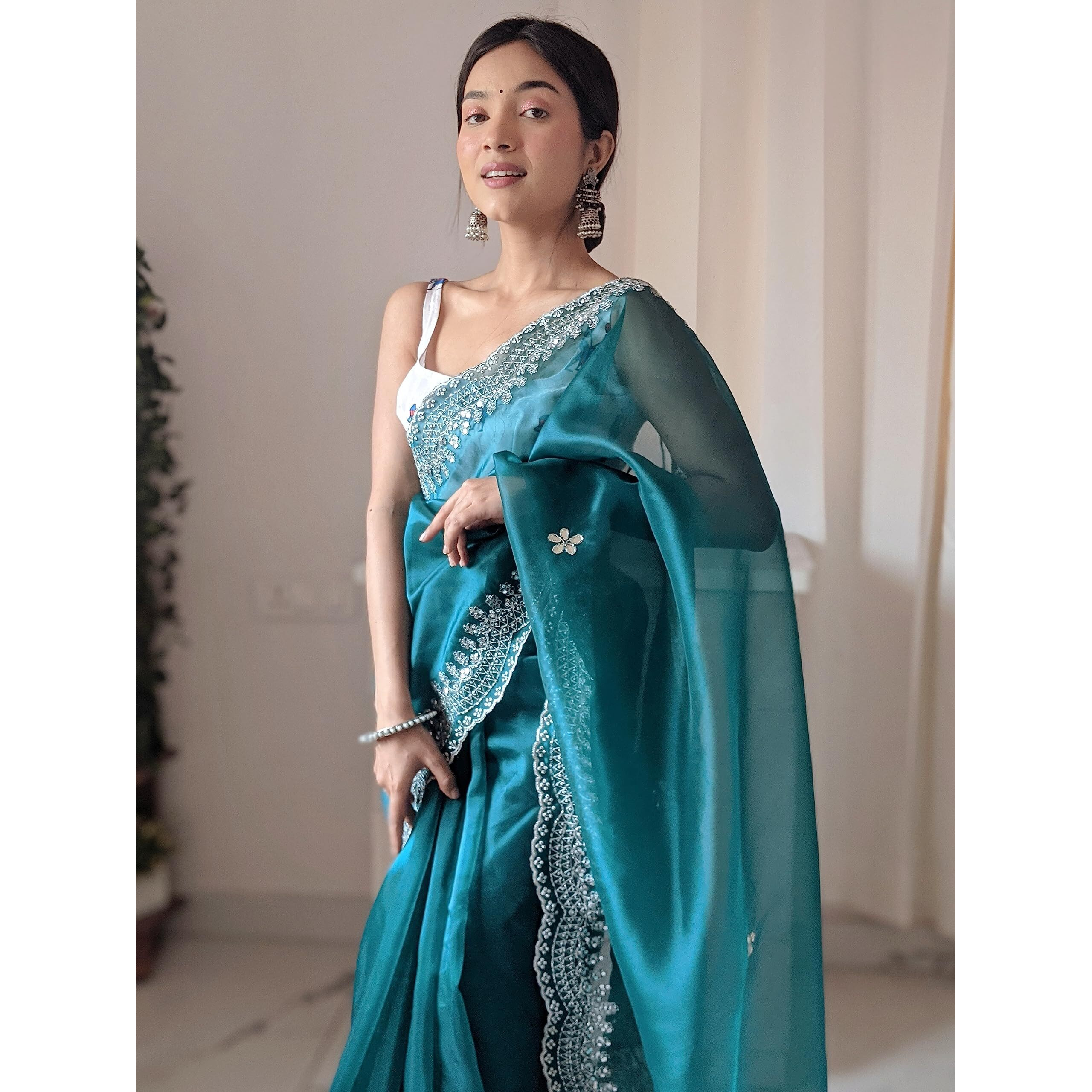 Flosive Women's Attractive Colour Organza Saree Handwork With Blouse (Rama)