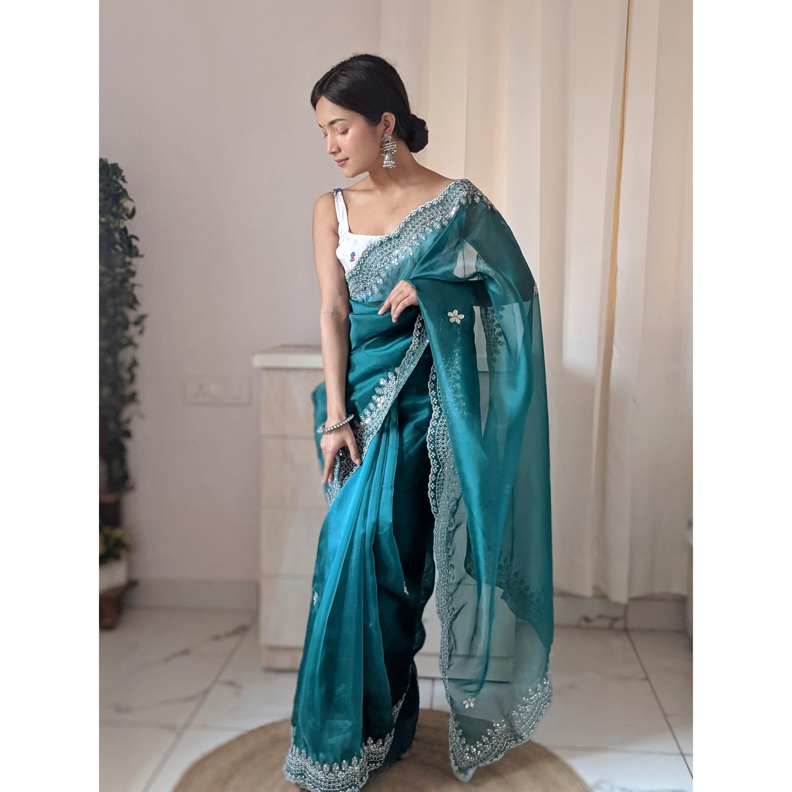 Flosive Women's Attractive Colour Organza Saree Handwork With Blouse (Rama)