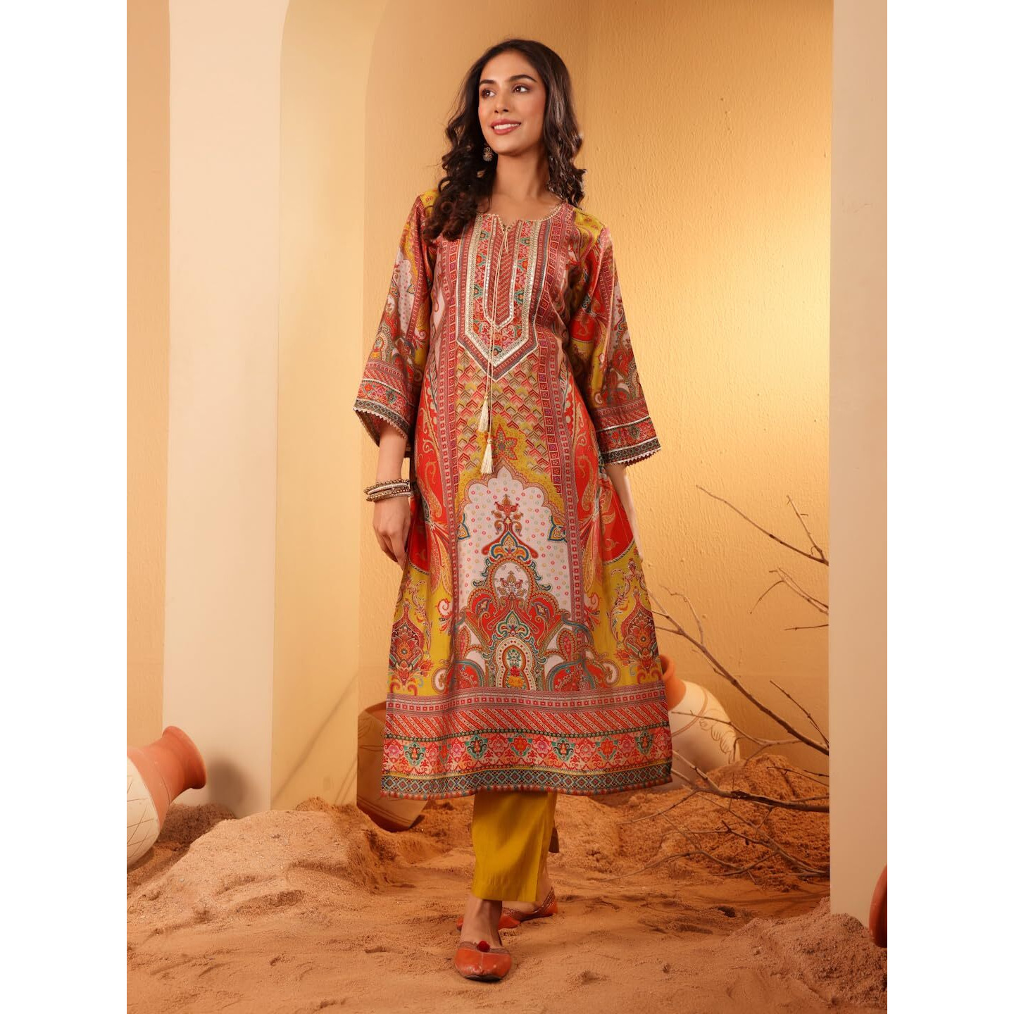 Varanga Women Olive Ethnic Floral Printed Gota Embellished Flared Sleeve Kurta With Solid Trouser  Stylish Ethnic Set
