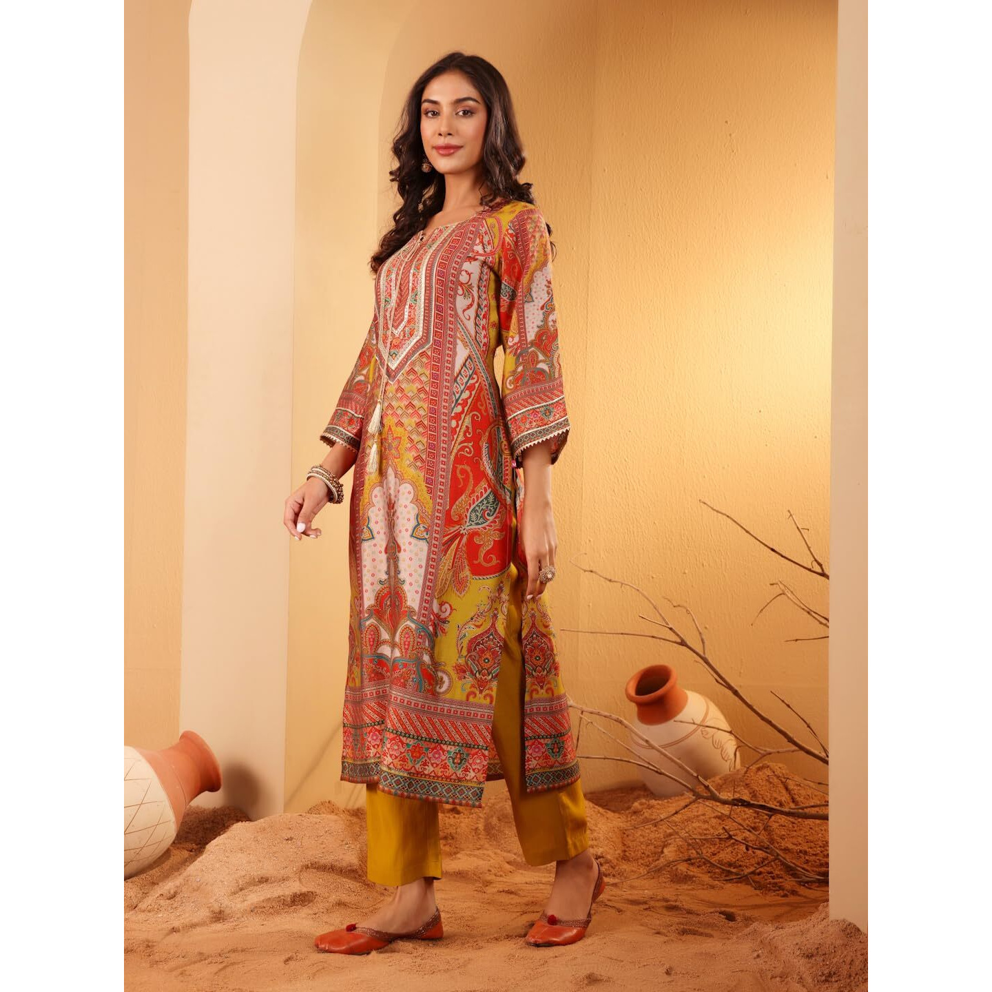Varanga Women Olive Ethnic Floral Printed Gota Embellished Flared Sleeve Kurta With Solid Trouser  Stylish Ethnic Set