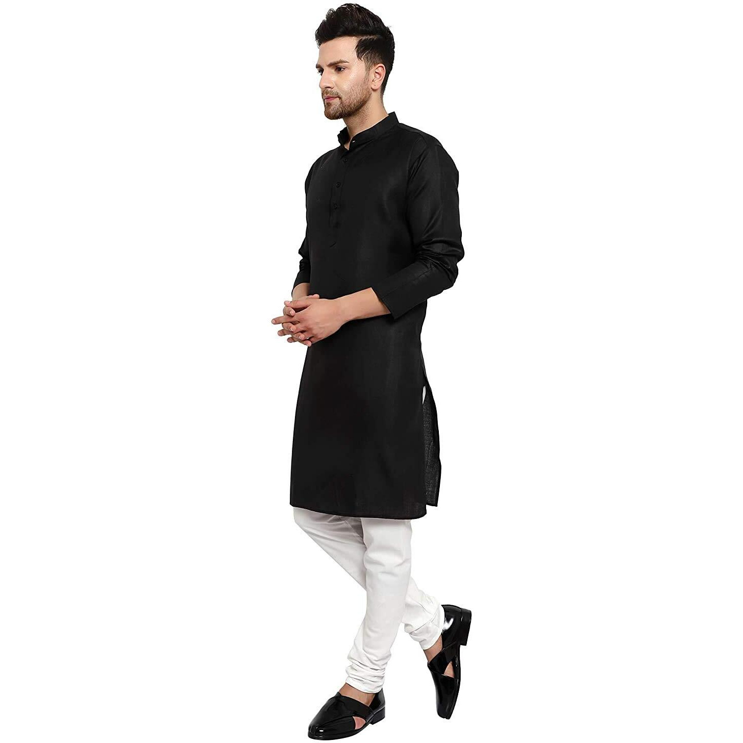 Gauri Laxmi Enterprise Men's Cotton Blend Solid Straight Kurta (Plnblack 32_Black
