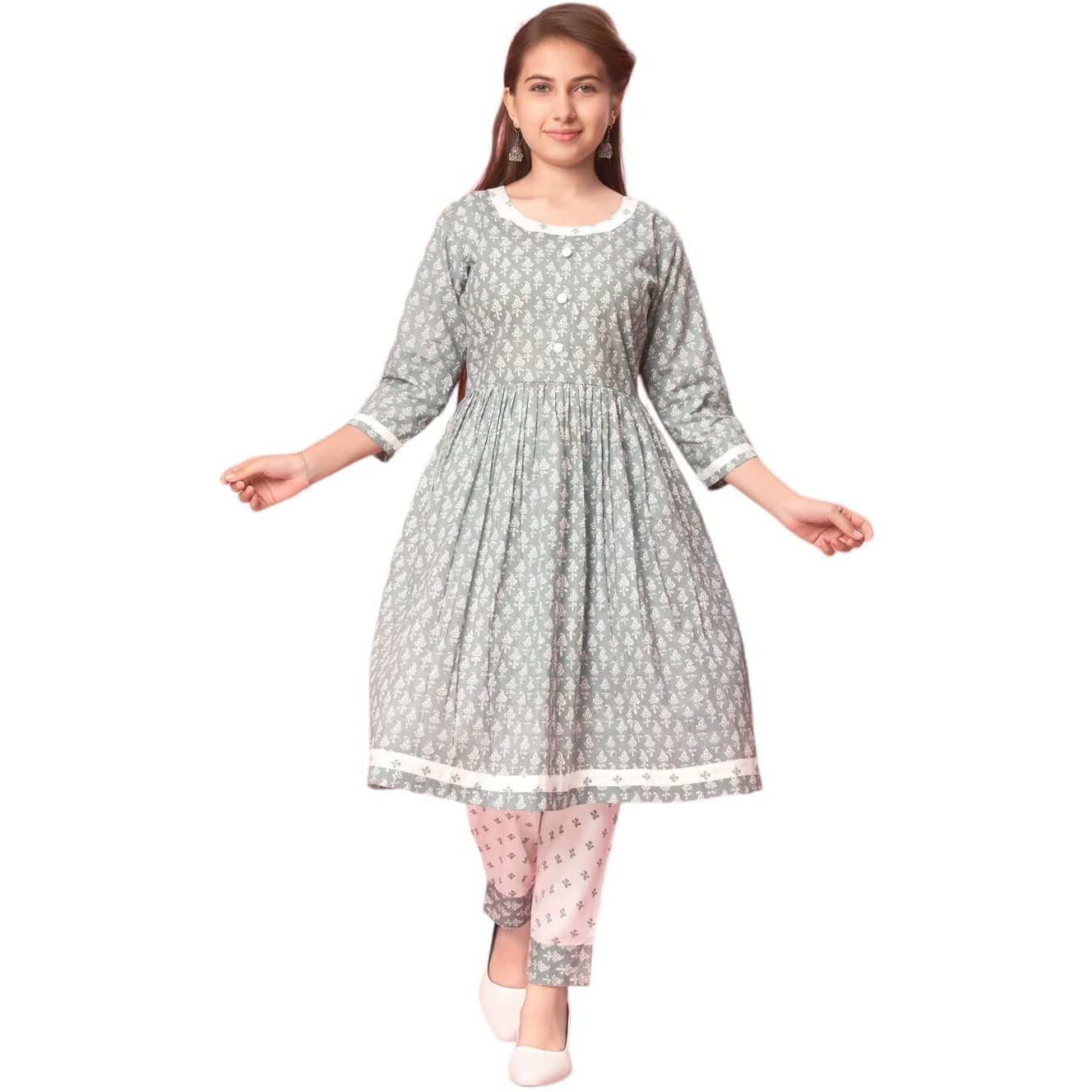Aarika Girl's Cotton Kurti Pant Set (New_Kp-K-481_Grey-White