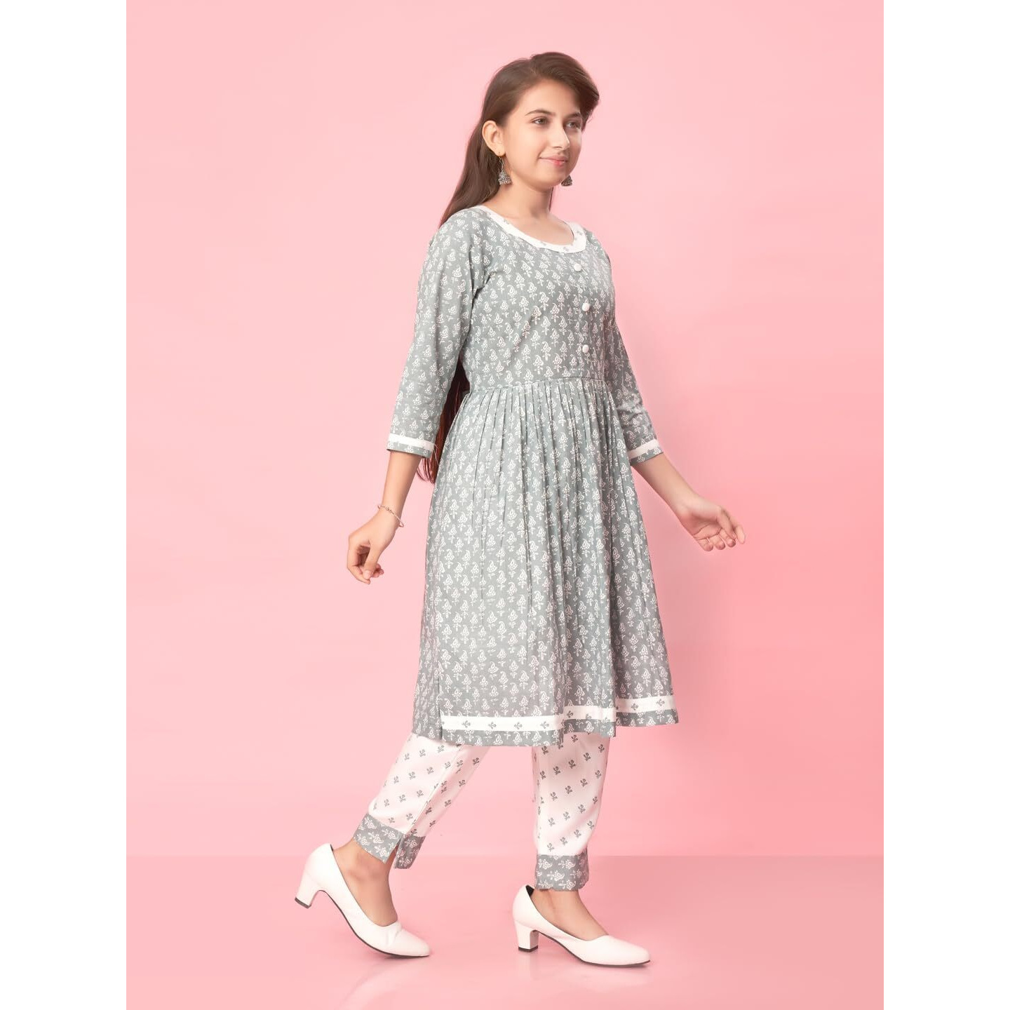 Aarika Girl's Cotton Kurti Pant Set (New_Kp-K-481_Grey-White