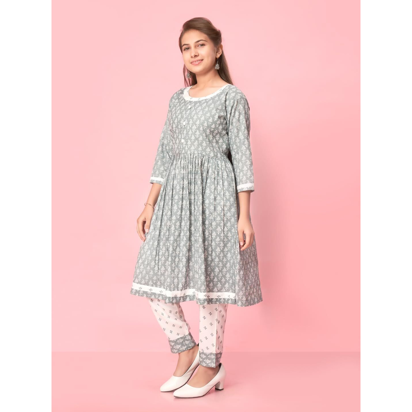 Aarika Girl's Cotton Kurti Pant Set (New_Kp-K-481_Grey-White
