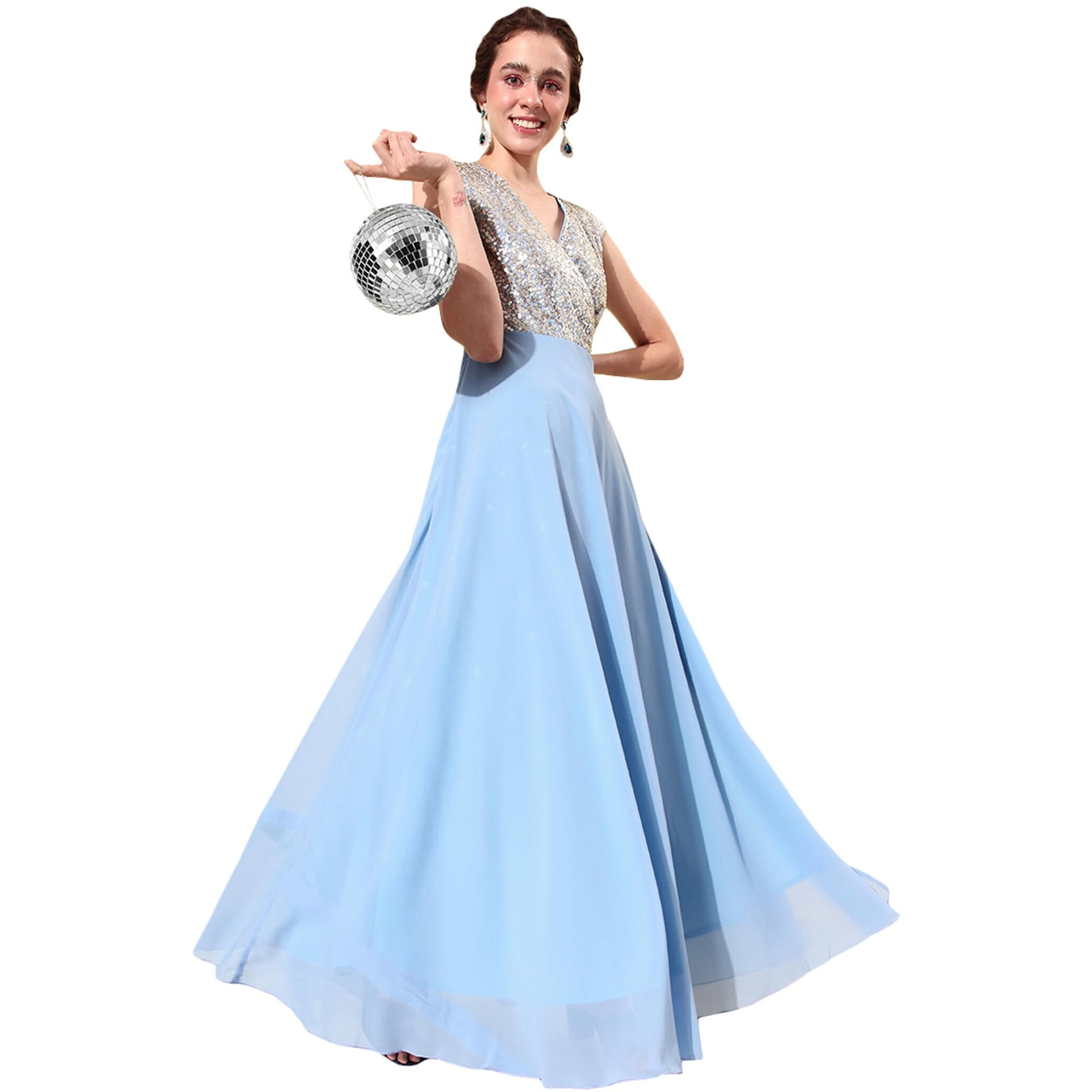 Miss Chase Women's V-Neck Cap Sleeved Solid Wrap Maxi Dress (Mcaw22D99-88-273-03, Sky Blue & Golden, S)