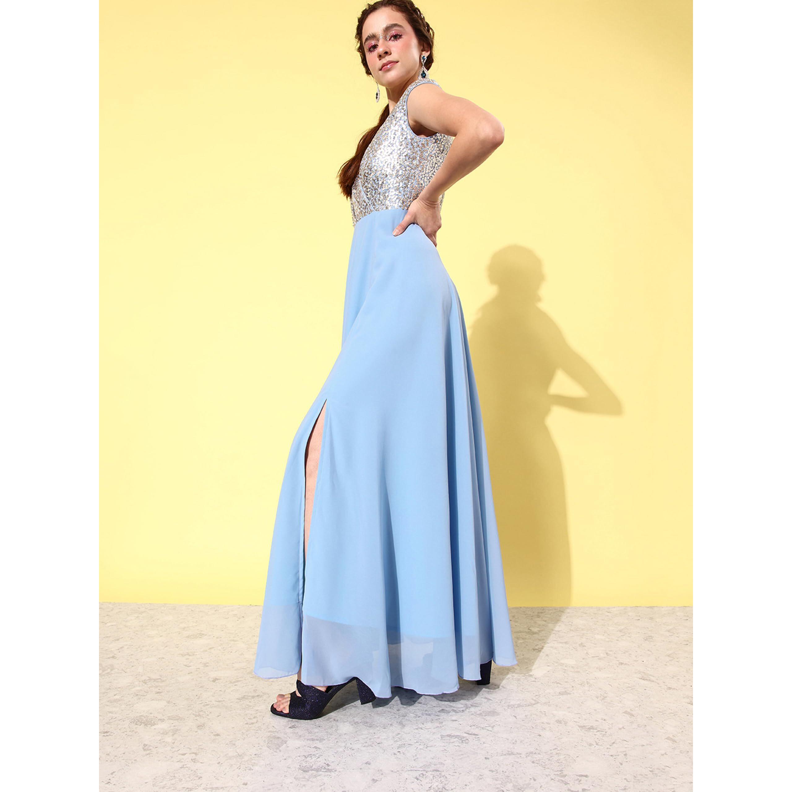 Miss Chase Women's V-Neck Cap Sleeved Solid Wrap Maxi Dress (Mcaw22D99-88-273-03, Sky Blue & Golden, S)