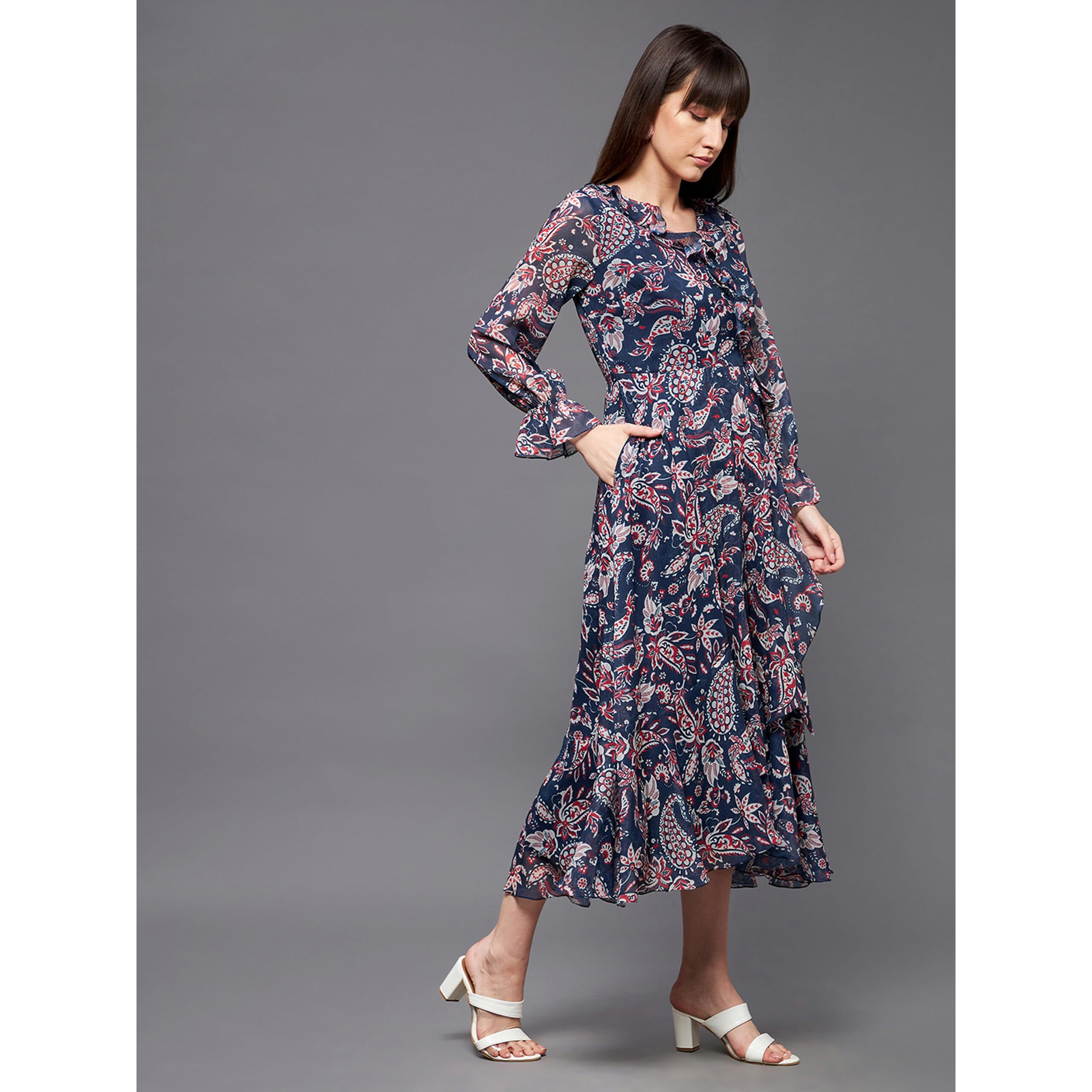 Miss Chase Women's V-Neck Full Sleeves Relaxed Fit Midi Length Dress With Pockets (Mcss22D16-10-178-07, Multicolored-Base-Navy Blue, Xxl)