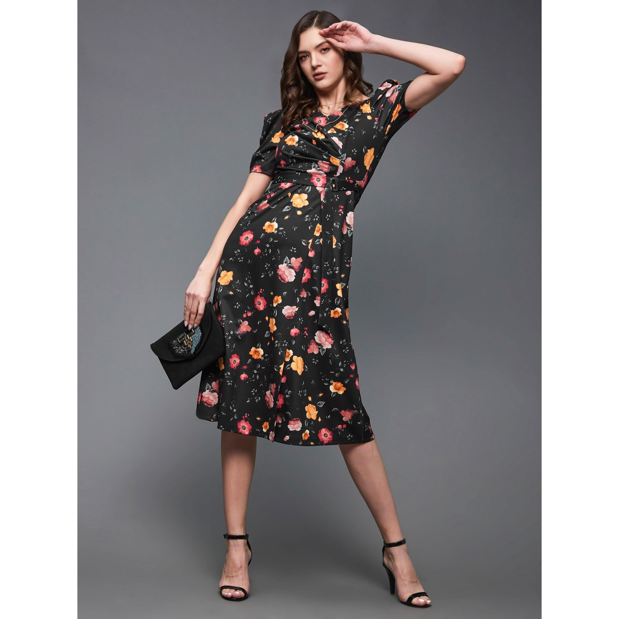 Miss Chase Women's Multicolored-Base-Black V-Neck Pleated Puff Sleeve Floral Wrap Midi Polyester Dress (Mcaw21D14-84-171-03, Multicolored-Base-Black, S)