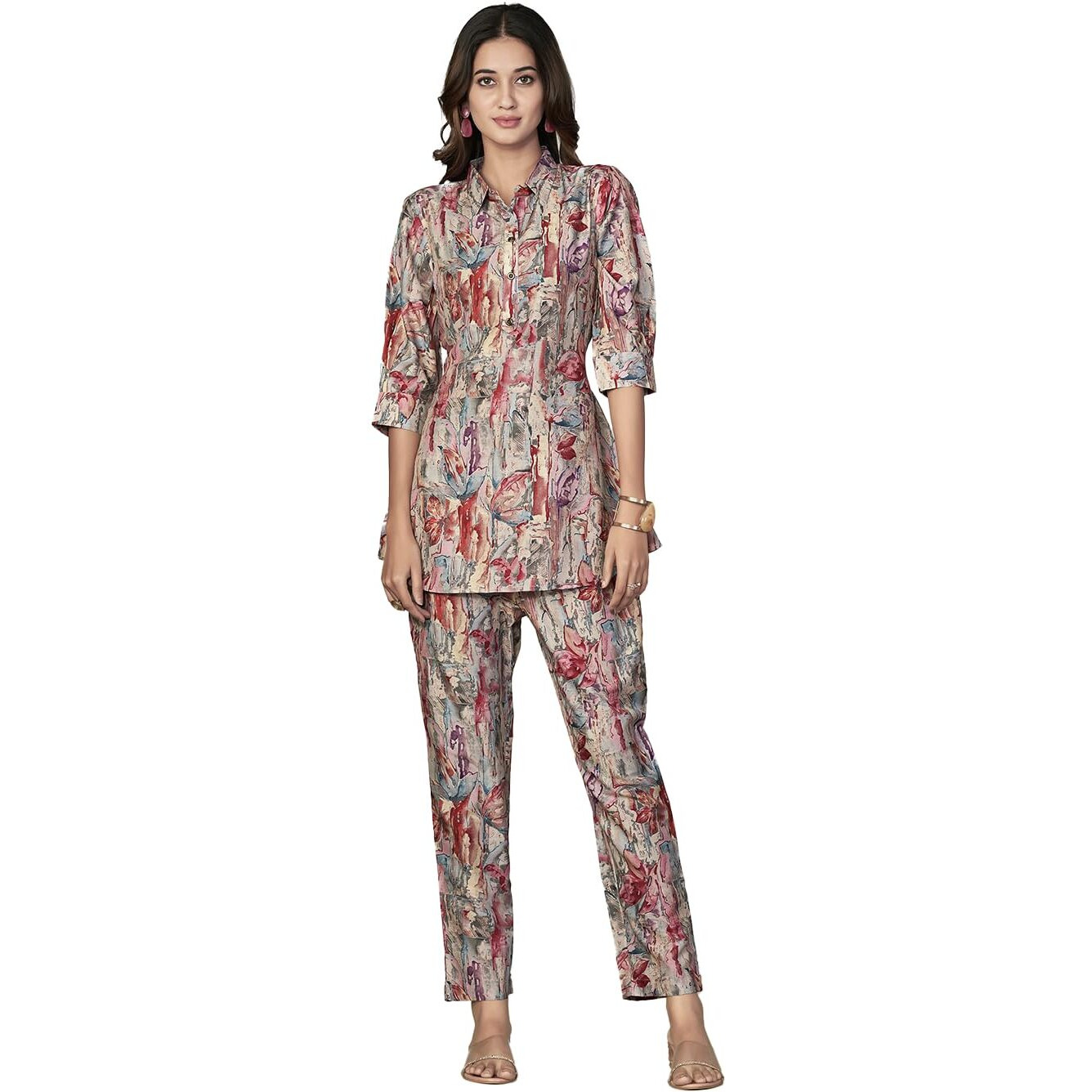 Nainvish Women's Muslin Printed Straight Shirt Collar Co-Ord Top & Pant Set (Sd628_Kb-S_Magenta Red)
