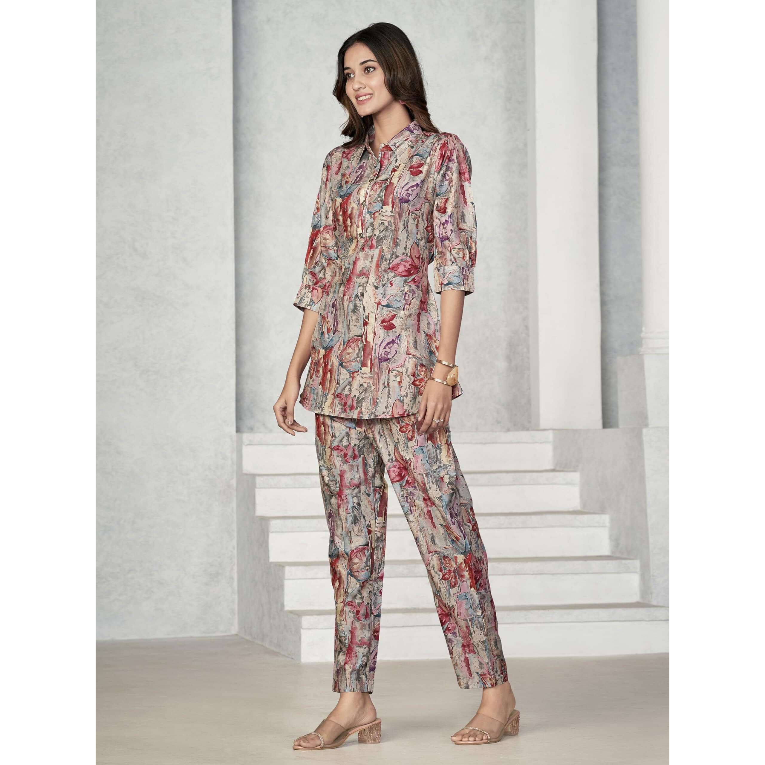 Nainvish Women's Muslin Printed Straight Shirt Collar Co-Ord Top & Pant Set (Sd628_Kb-S_Magenta Red)