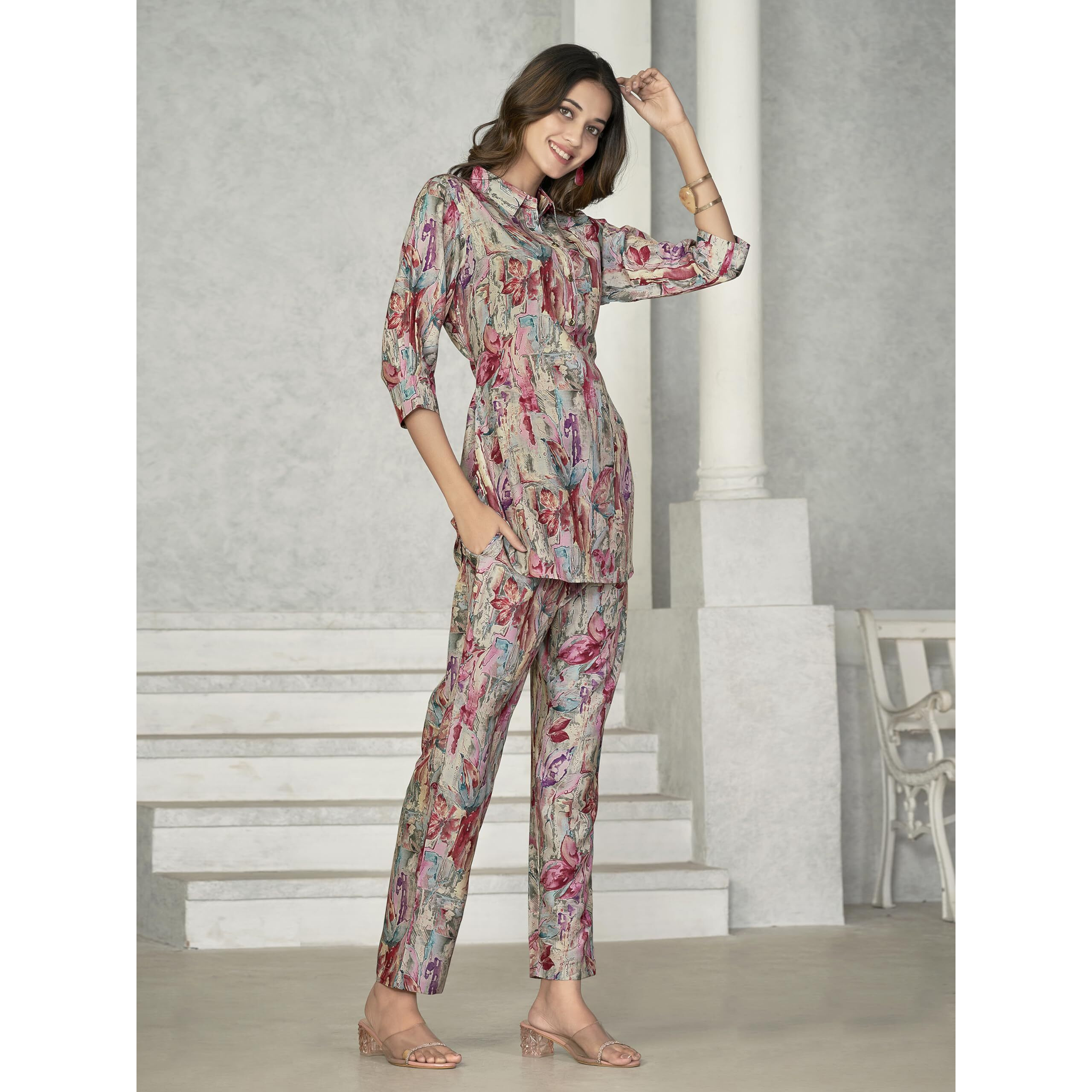 Nainvish Women's Muslin Printed Straight Shirt Collar Co-Ord Top & Pant Set (Sd628_Kb-S_Magenta Red)