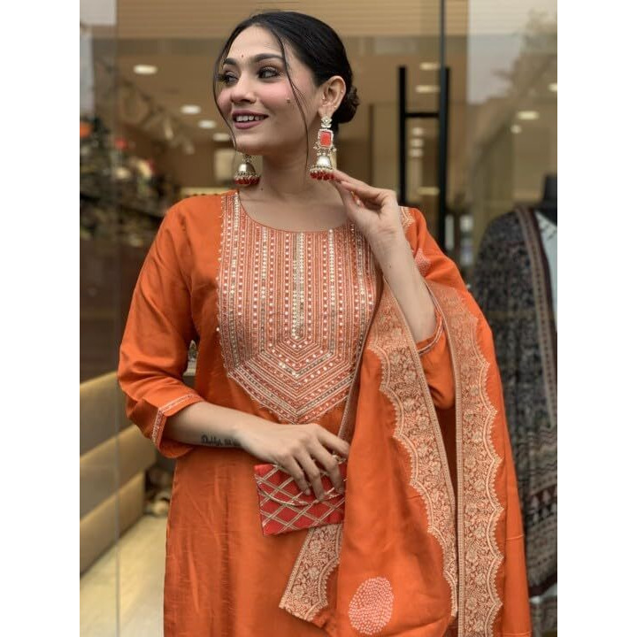 Nermosa Women Embroidery Silk Straight Kurta And Pant Set With Dupatta (In, Alpha, 2Xl, Orange)