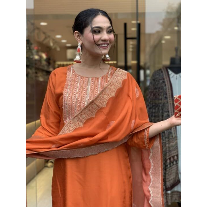 Nermosa Women Embroidery Silk Straight Kurta And Pant Set With Dupatta (In, Alpha, 2Xl, Orange)