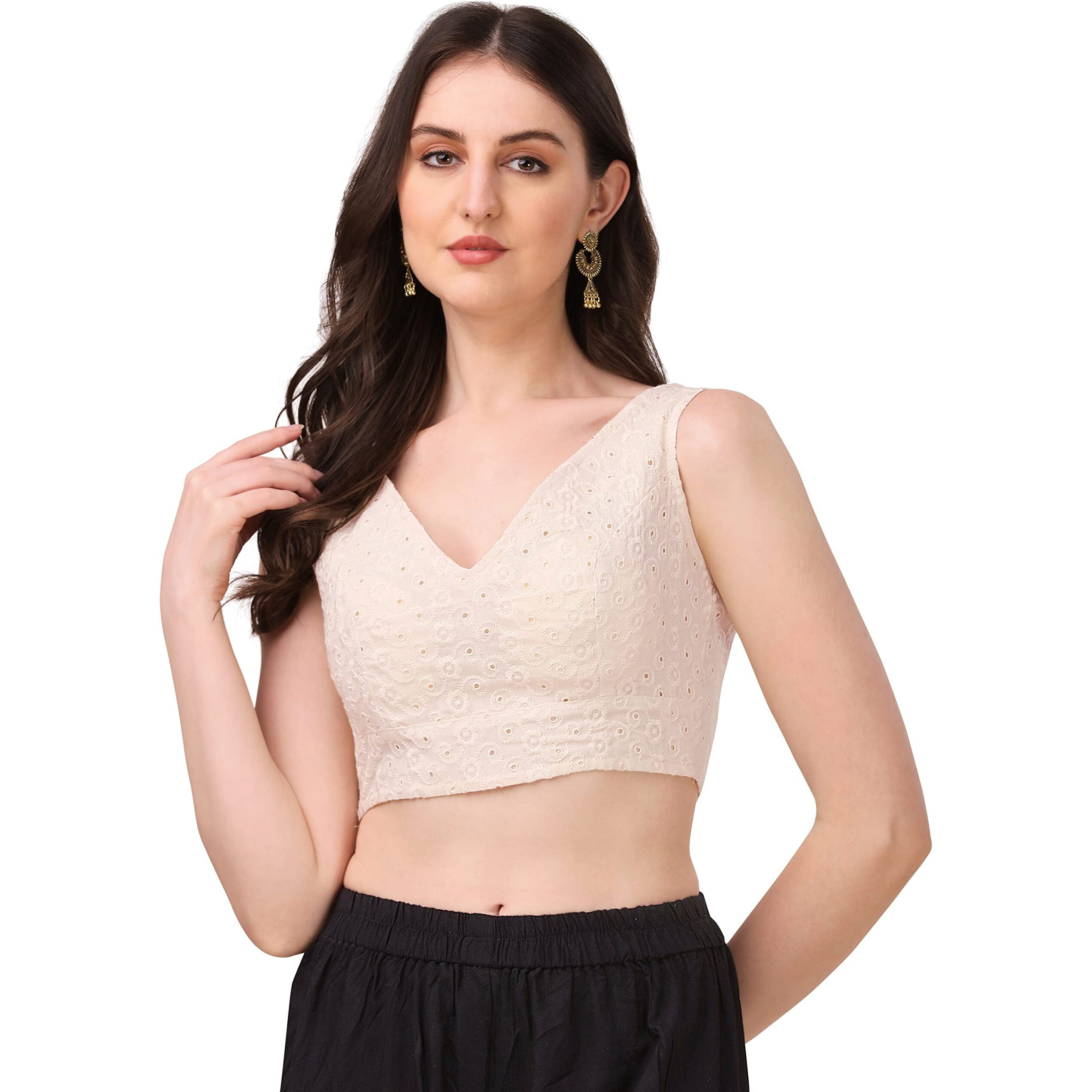 Oomph Women's Indian Ethnic Wear Designer Leaf Pattern V Neck Sleeveless Cotton Off-White Blouse For Saree Or Lehnga And Blousepalazzos Or Skirts For A Fusion Twist.