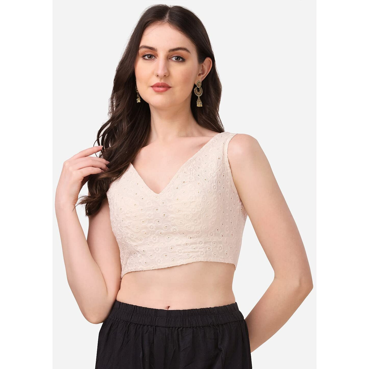 Oomph Women's Indian Ethnic Wear Designer Leaf Pattern V Neck Sleeveless Cotton Off-White Blouse For Saree Or Lehnga And Blousepalazzos Or Skirts For A Fusion Twist.