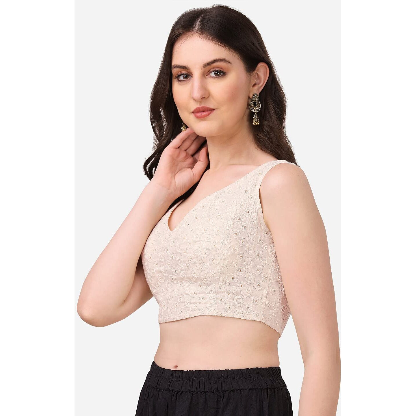 Oomph Women's Indian Ethnic Wear Designer Leaf Pattern V Neck Sleeveless Cotton Off-White Blouse For Saree Or Lehnga And Blousepalazzos Or Skirts For A Fusion Twist.