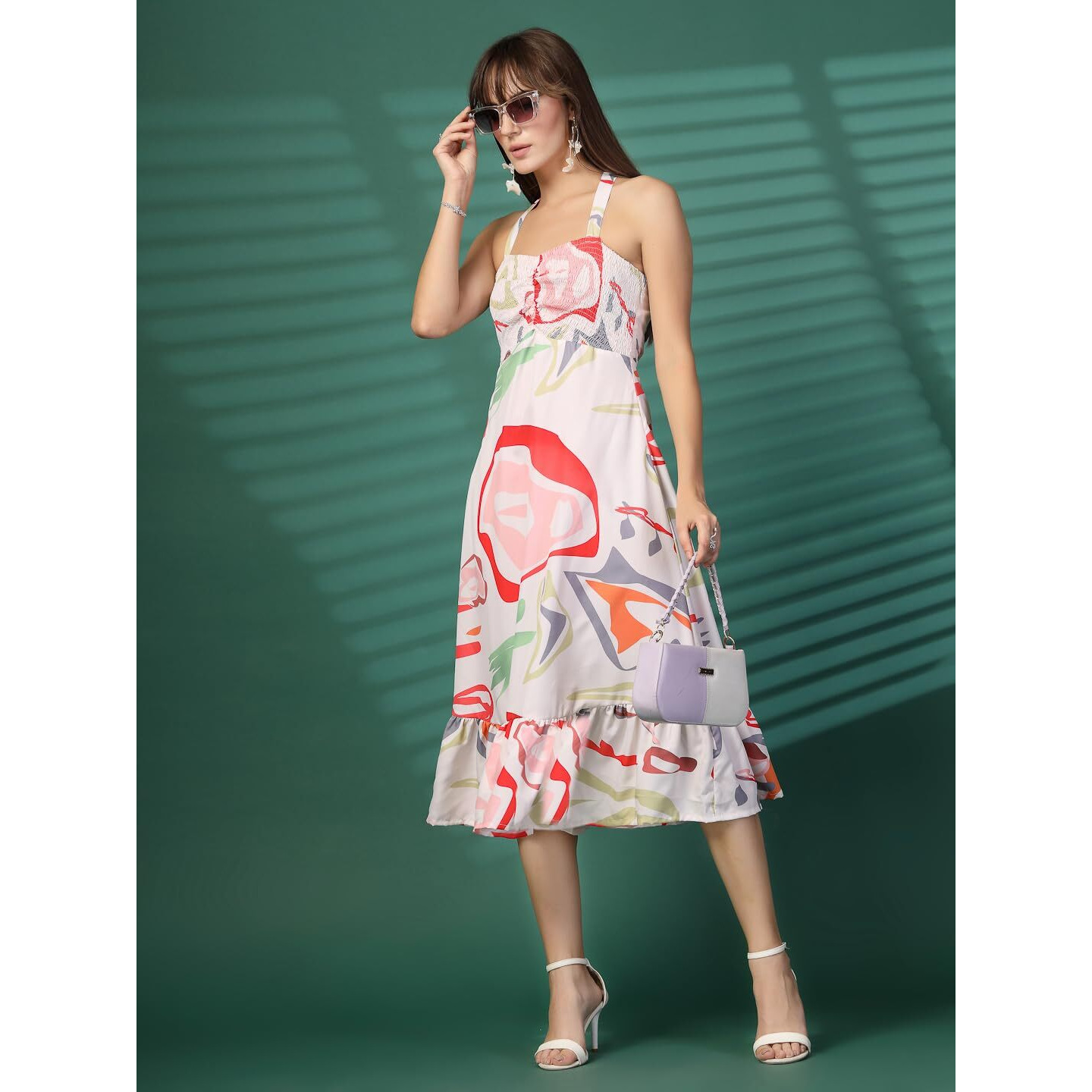 Oomph Women's Western & Fusion Wear Printed Crepe Dress For Women, Smocked Bodice, White - Md1053