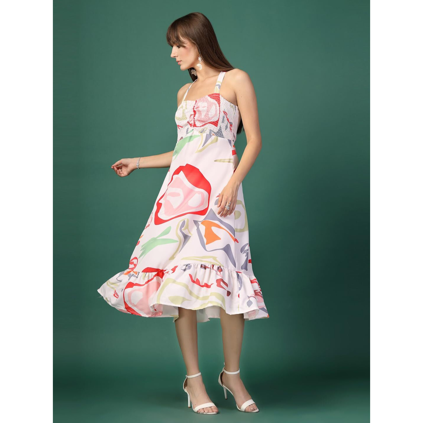 Oomph Women's Western & Fusion Wear Printed Crepe Dress For Women, Smocked Bodice, White - Md1053