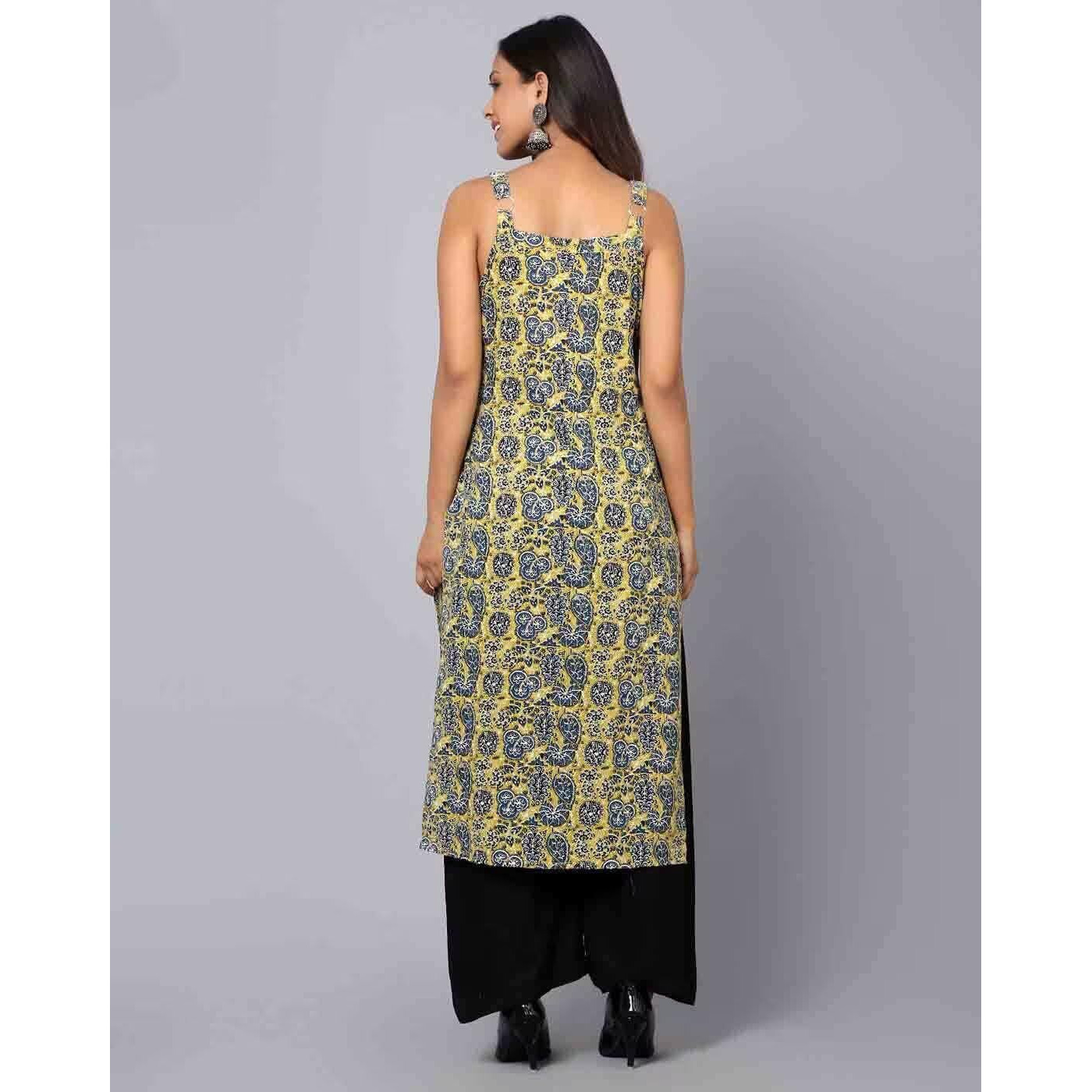 Patlani Women's Cotton Blened Sleeveless Printed Full Stitched Kurti.(K-199) Yellow