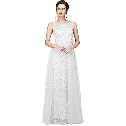 Patlani Women's Net Embroidery Aline-Flered Gown Dress For Women Full Stitched Gown Ready To Wear.(All Over-White-S)